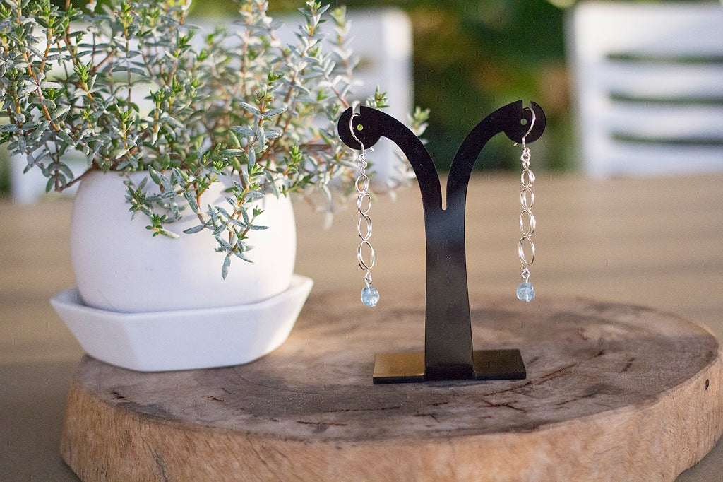 Natural Aquamarine Gemstone Silver Looped Earrings | Crystal Jewellery