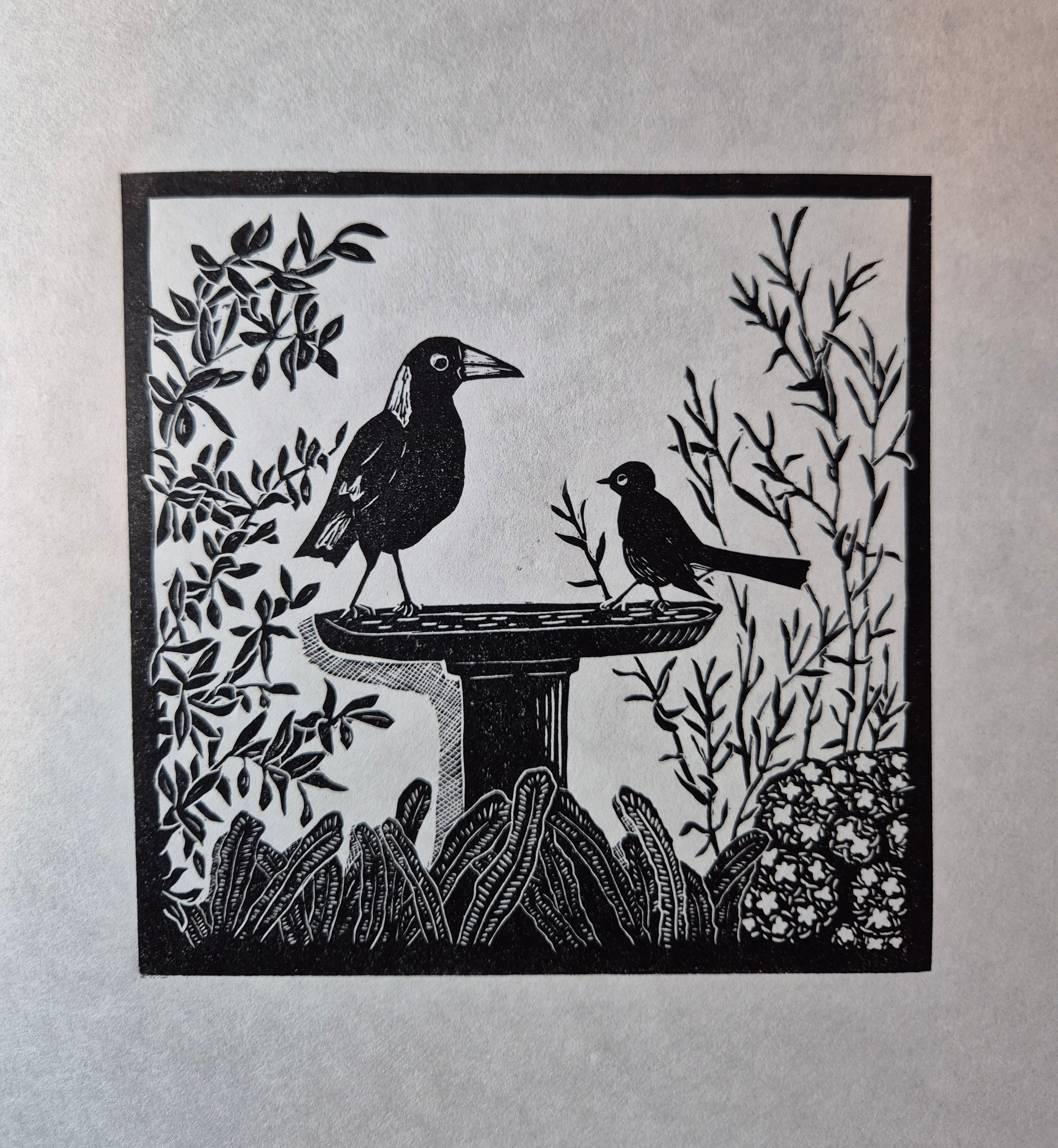 Original linocut artwork birds on birdbath title Disputed Territory