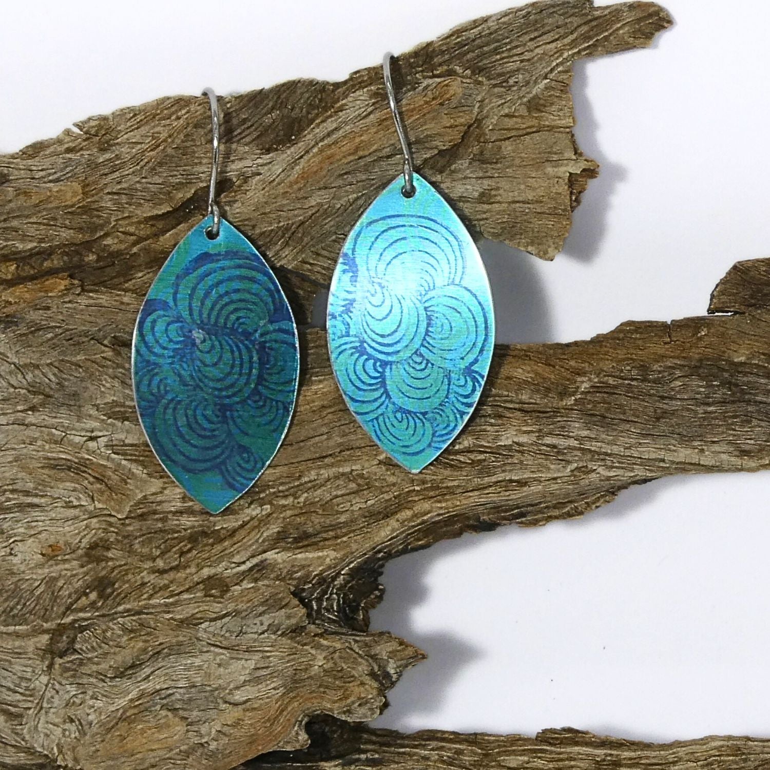 Anodised aluminium earrings hand printed Blue Cloud Collection