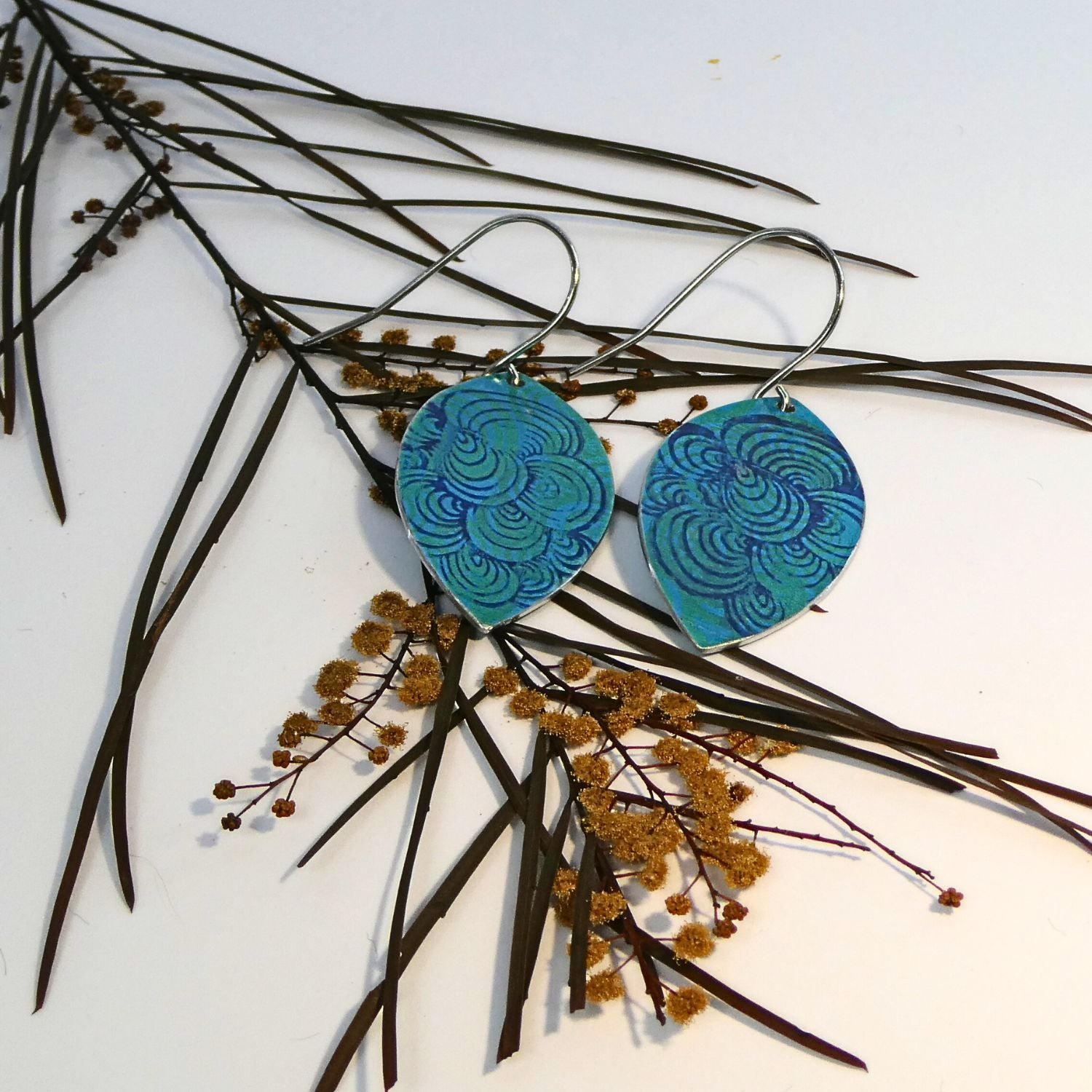 Anodised aluminium earrings hand printed Blue Cloud Collection