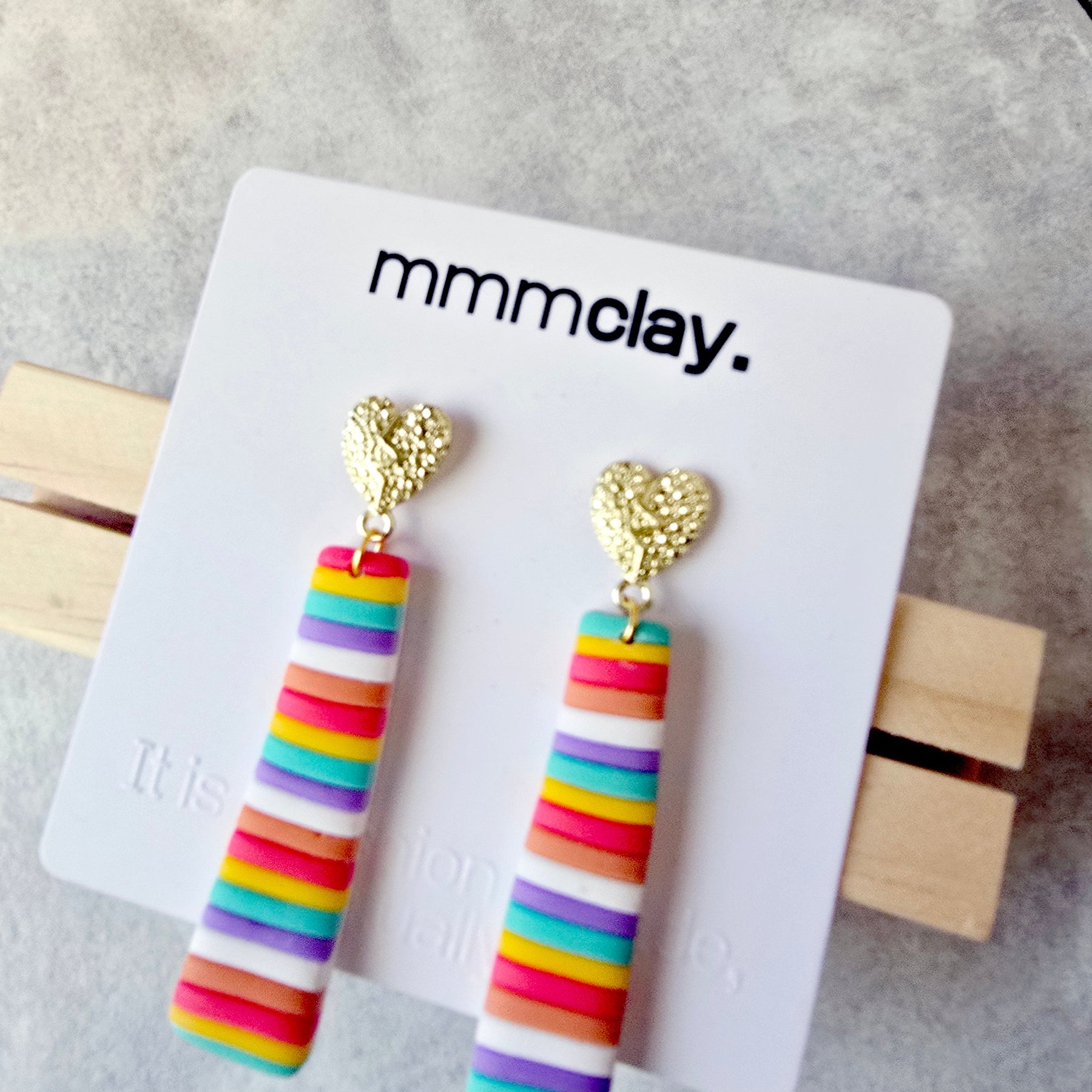 Rainbow Striped Heart Drop Earrings | Handmade Polymer Clay