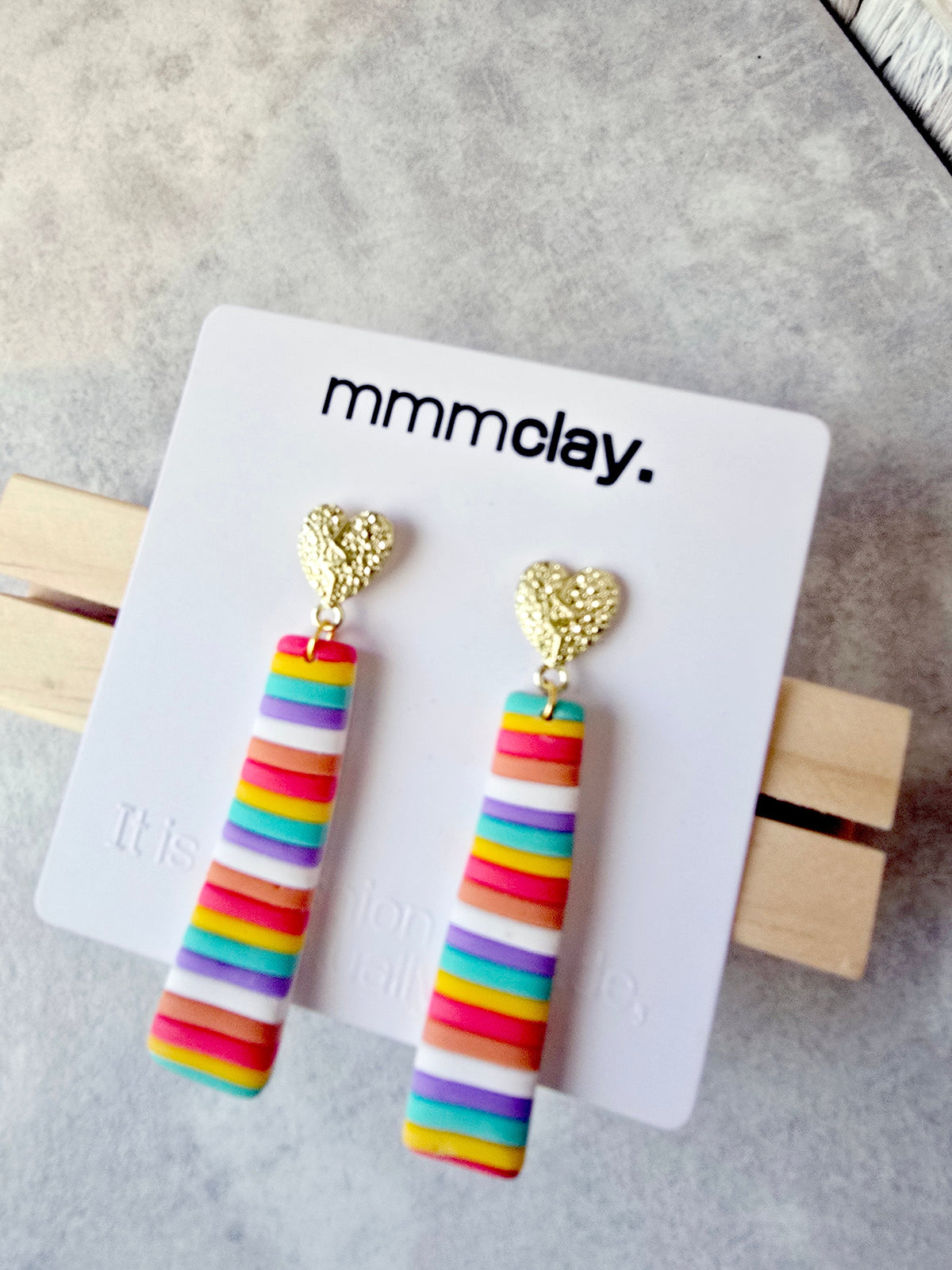 Rainbow Striped Heart Drop Earrings | Handmade Polymer Clay