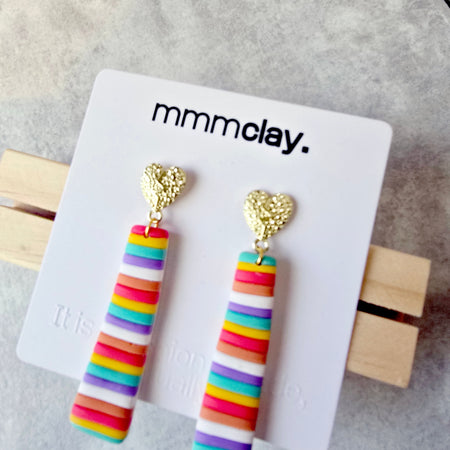 Rainbow Striped Heart Drop Earrings | Handmade Polymer Clay