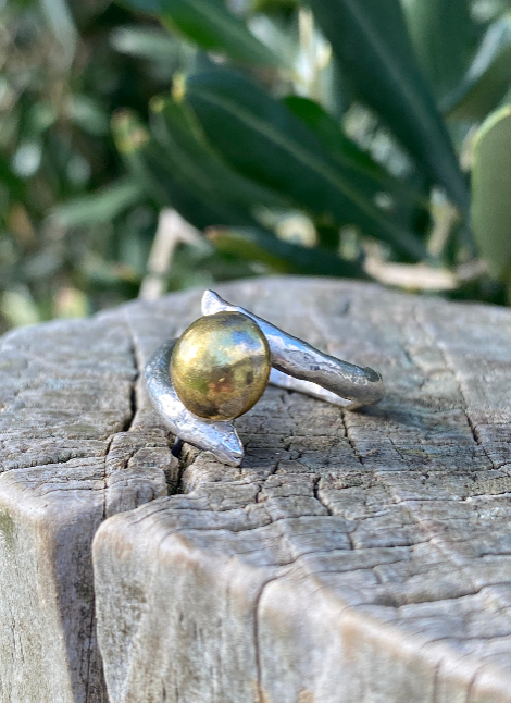 Organic Form Adjustable Silver & Brass Dome Ring