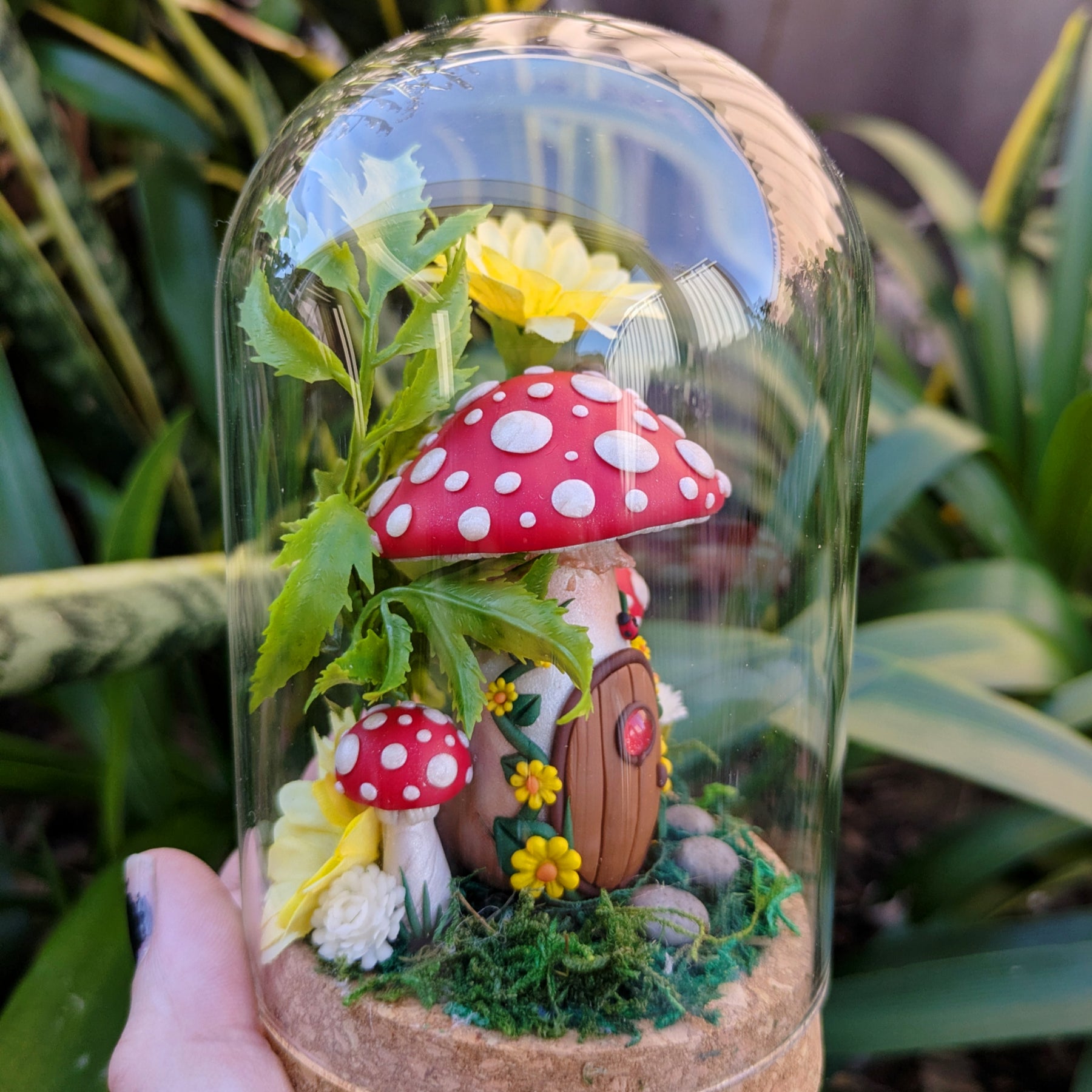 Enchanted Red Fairy Mushroom House in glass dome