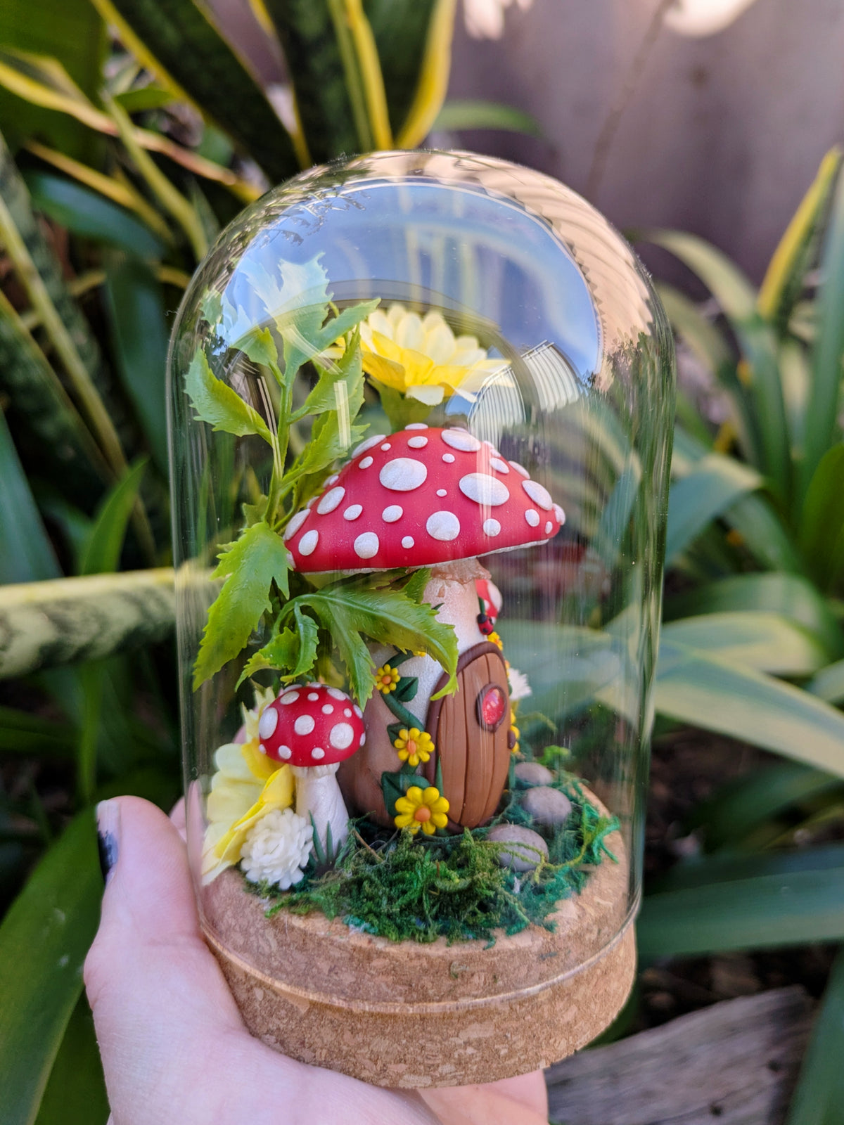 Enchanted Red Fairy Mushroom House in glass dome