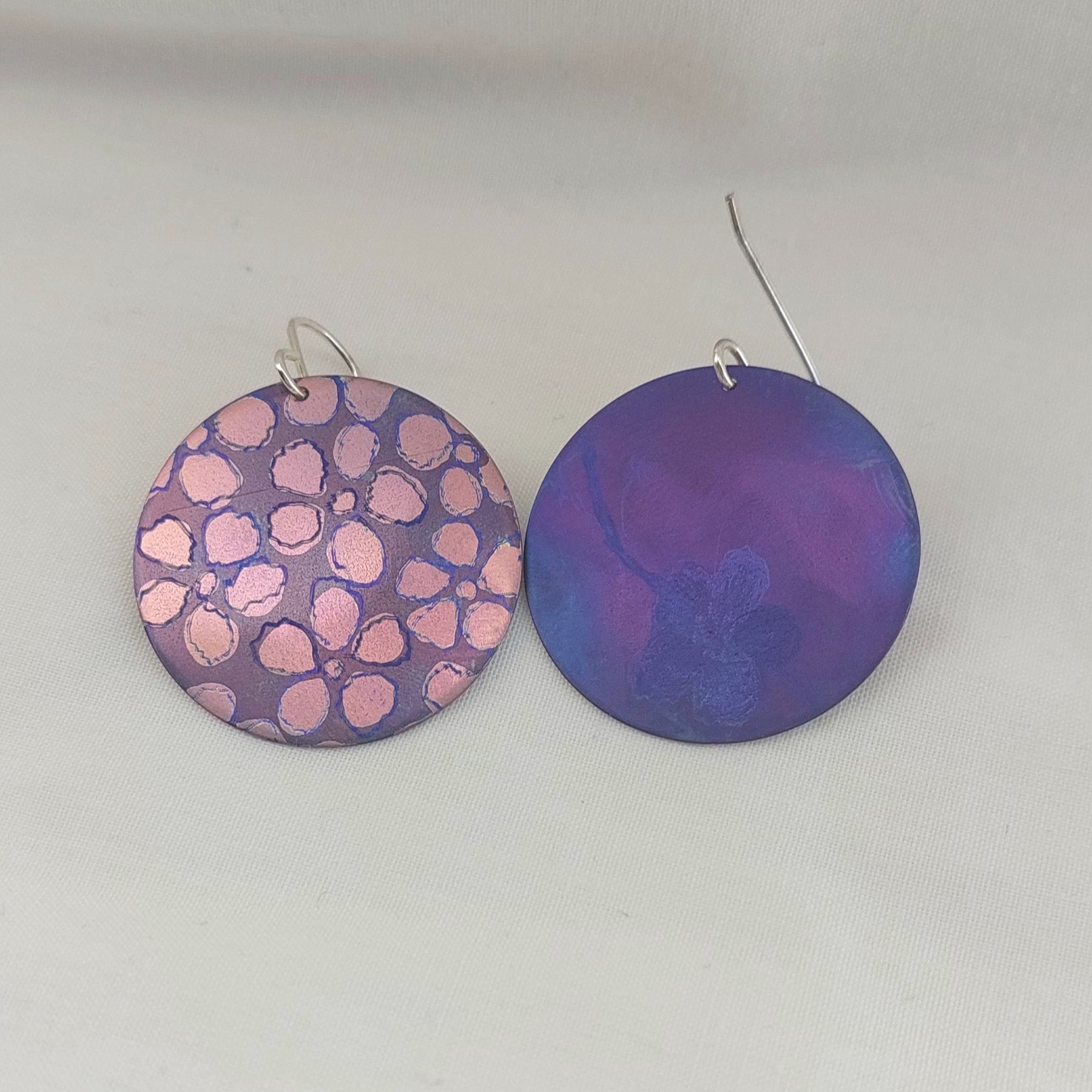 Titanium Disc Earrings with Leptospermum Design- purple, pink, blue