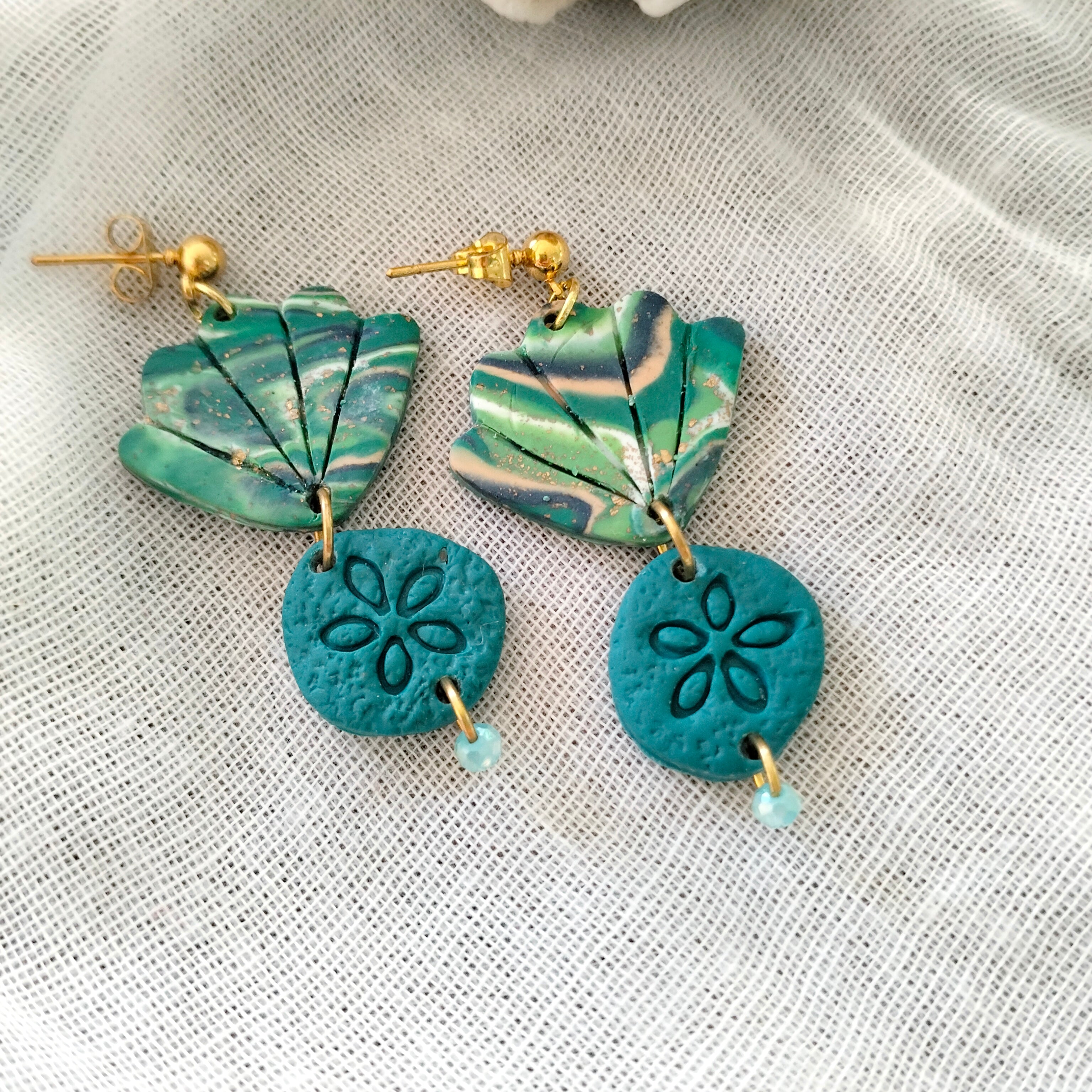 Earrings - Aqua Sand Dollars and Seashells  - Artful Dangles
