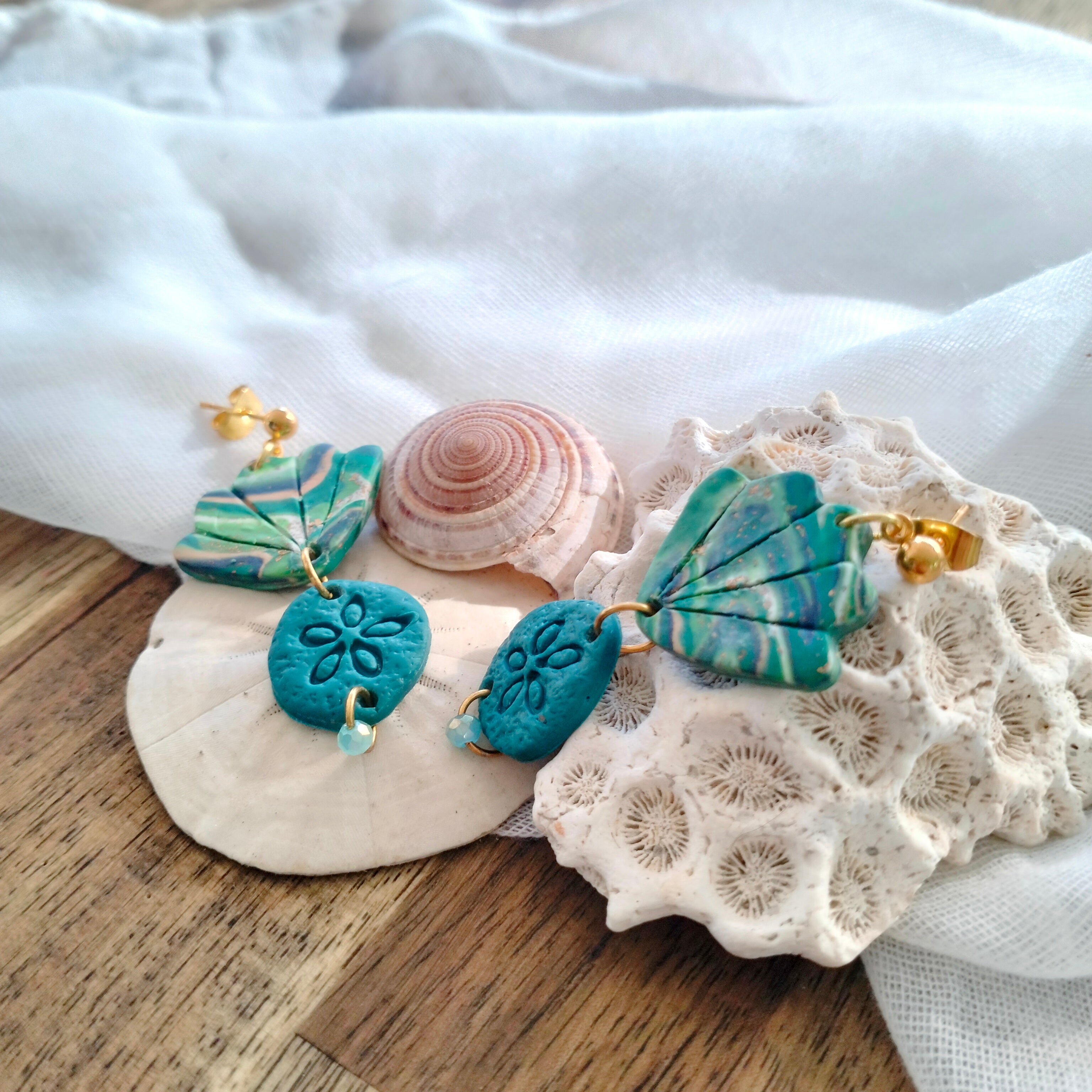 Earrings - Aqua Sand Dollars and Seashells  - Artful Dangles