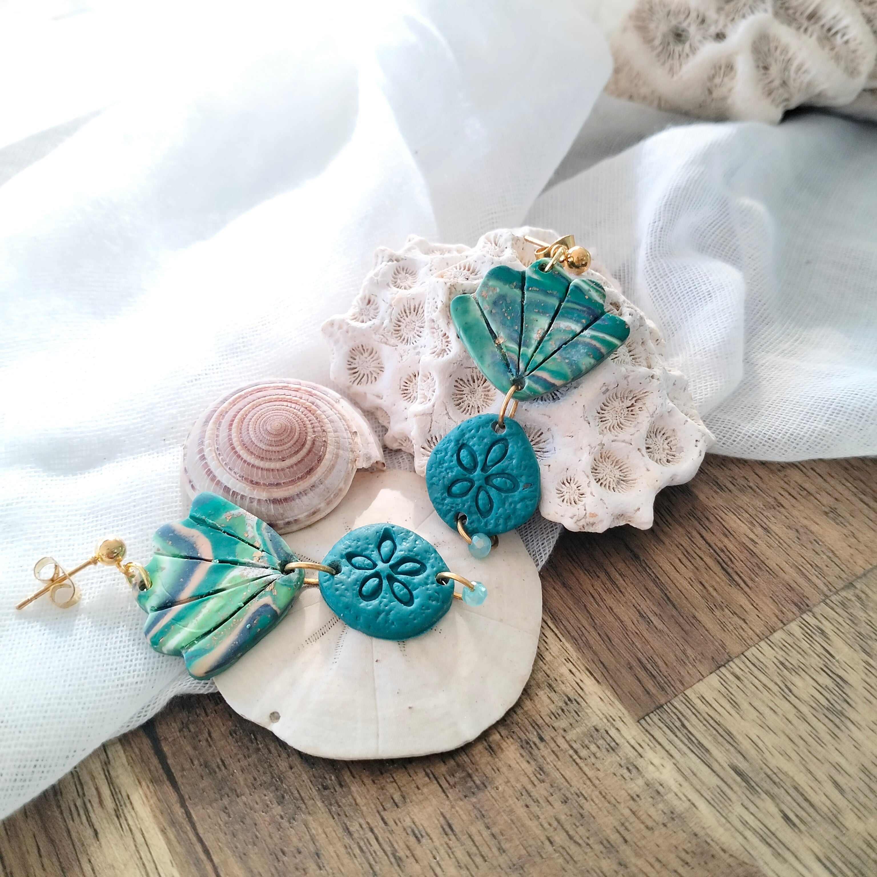Earrings - Aqua Sand Dollars and Seashells  - Artful Dangles