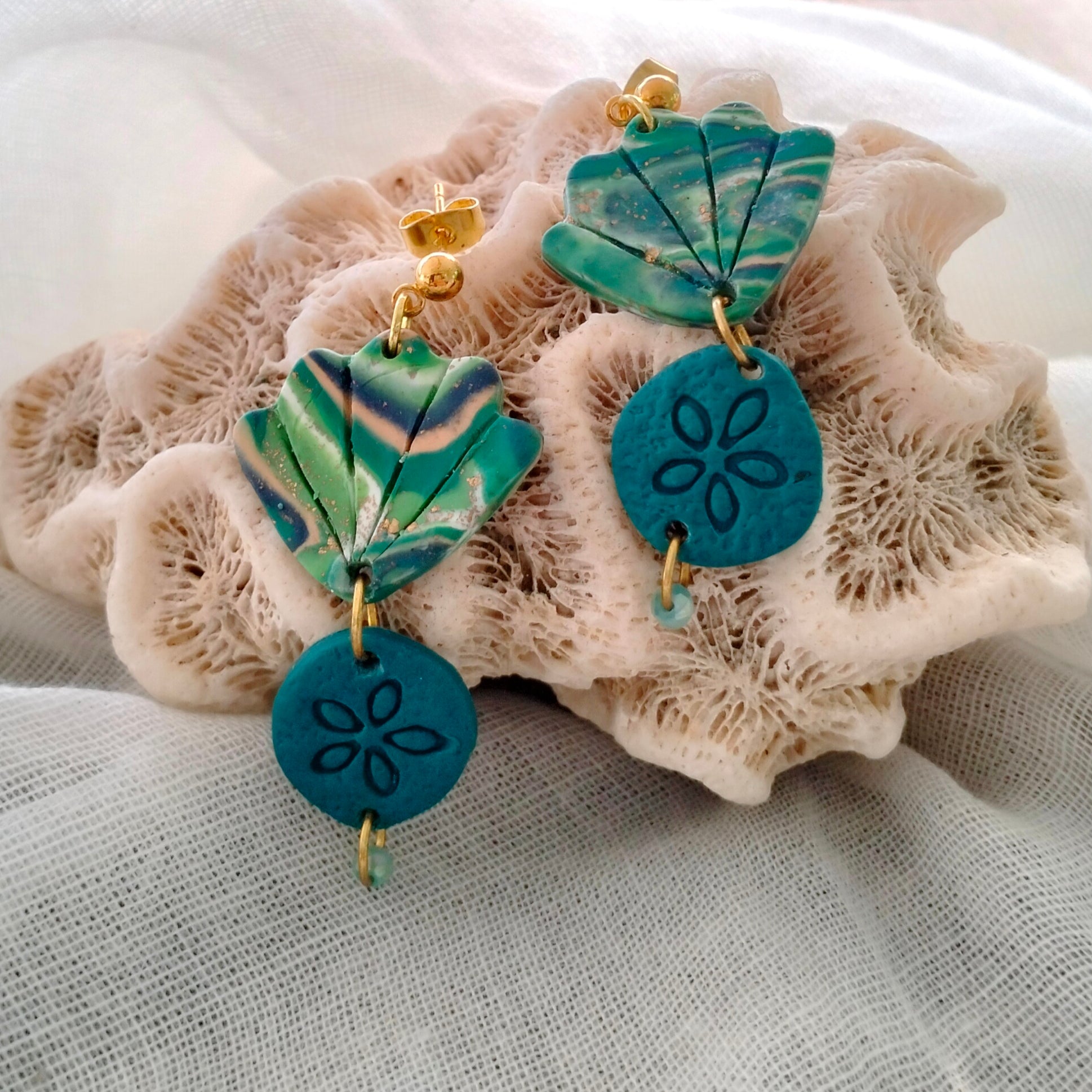 Earrings - Aqua Sand Dollars and Seashells  - Artful Dangles