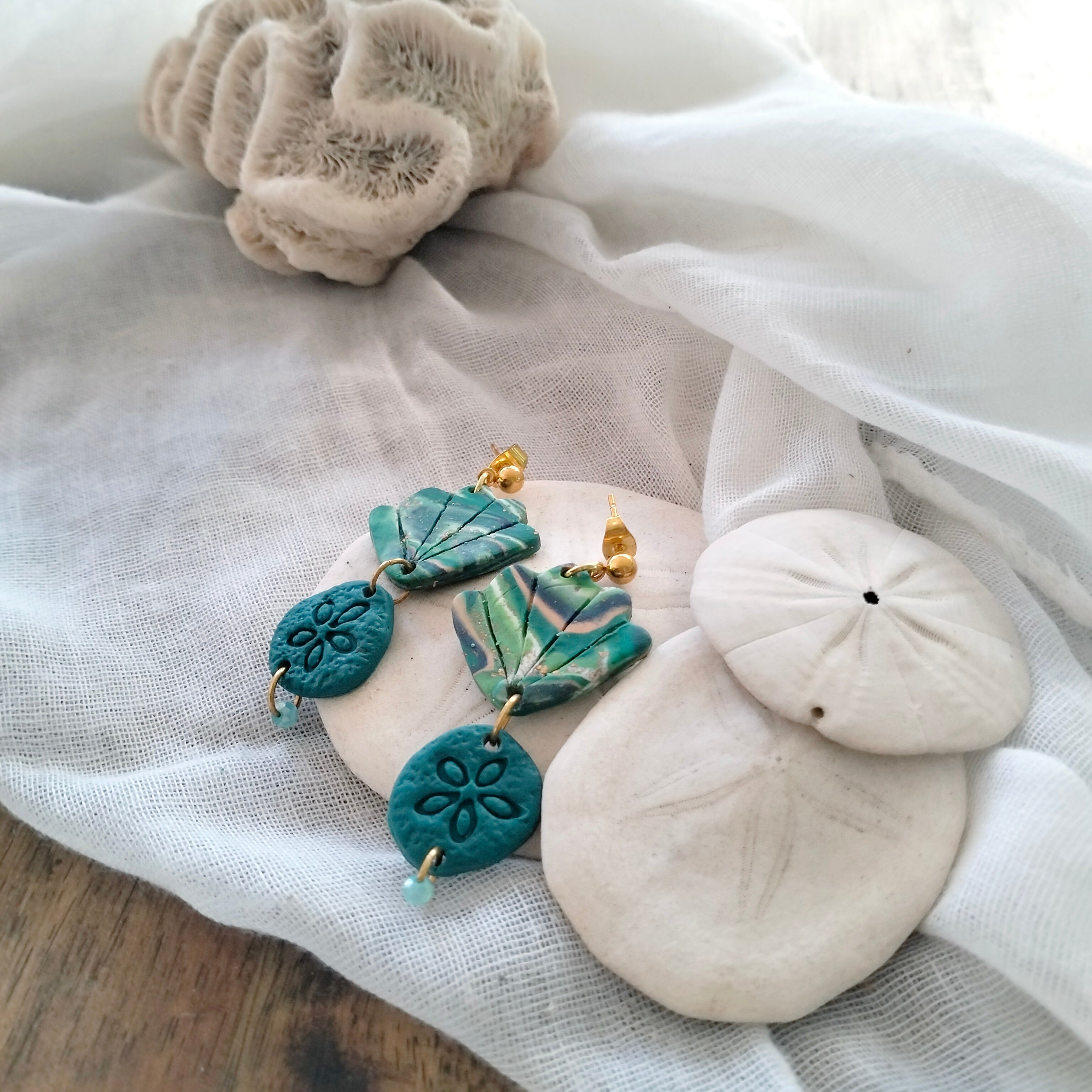 Earrings - Aqua Sand Dollars and Seashells  - Artful Dangles