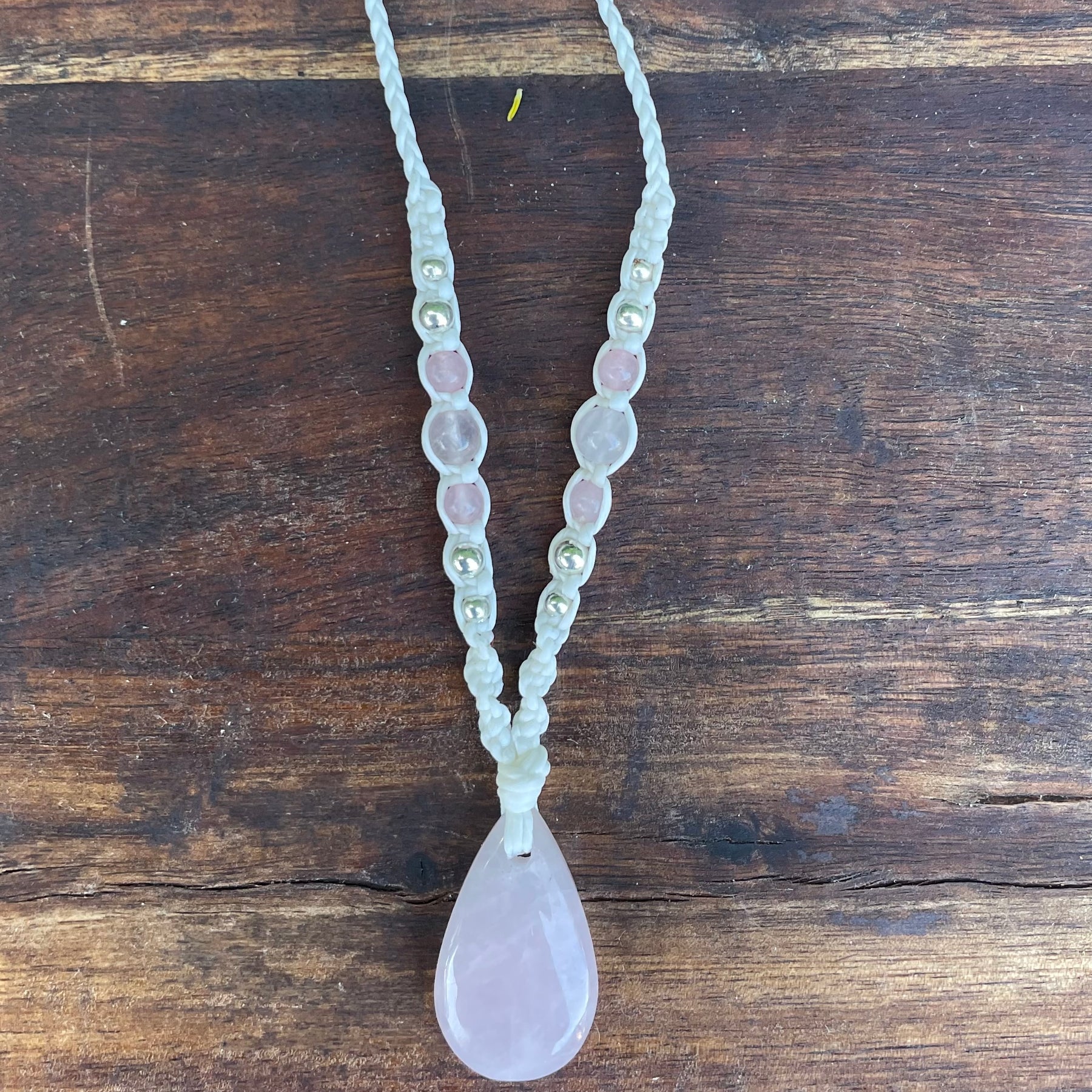 Rose Quartz Pendant, Tear drop, macrame Necklace, adjustable