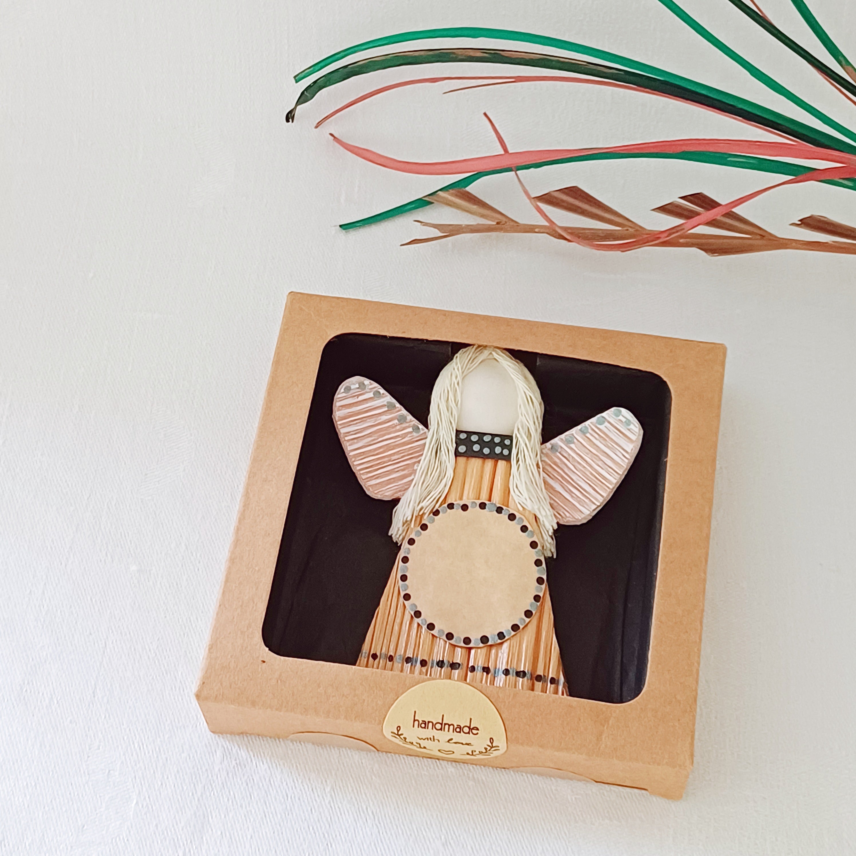 Hello - Palm Leaf Angel, Ornament Keepsake, Place for Handwritten note, Handmade by Kantakoru Australia
