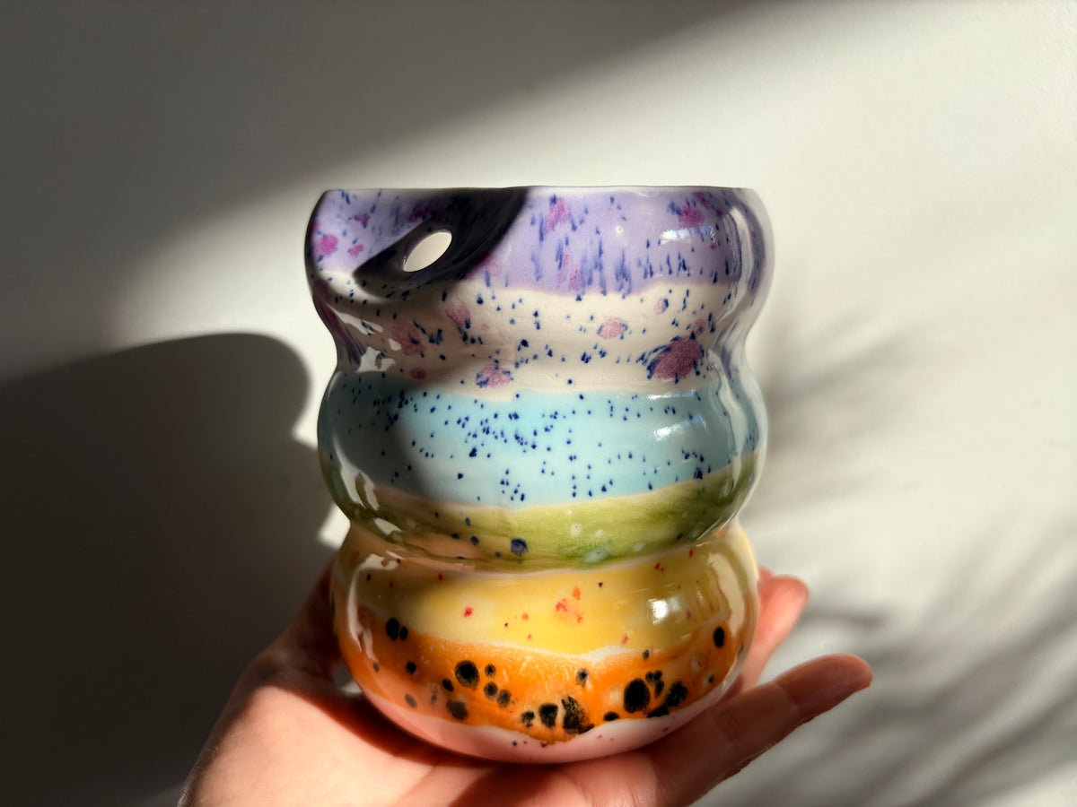 Handcrafted Porcelain Tumbler with Silicon Straw, 600mL Bubble Cup in Rainbow Glaze