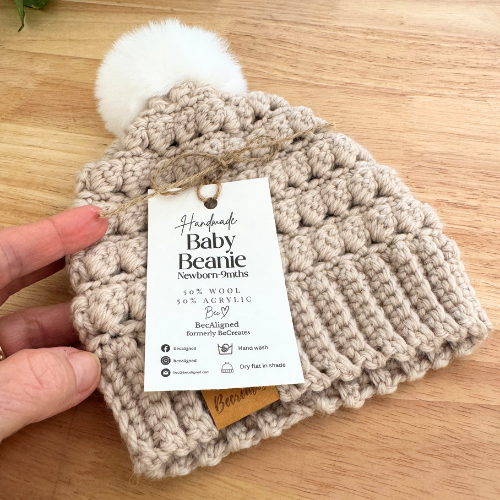 Newborn Baby Beanie - Natural with fluffy pompom