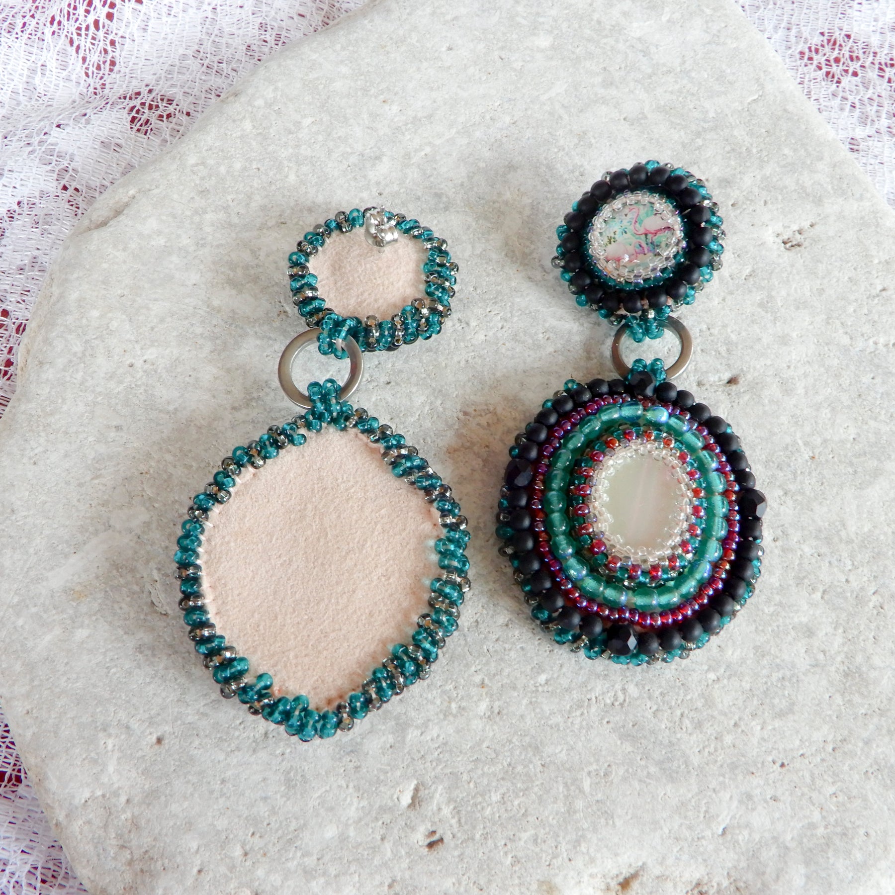 Bead Embroidered Cabochon Earrings in Green & Black