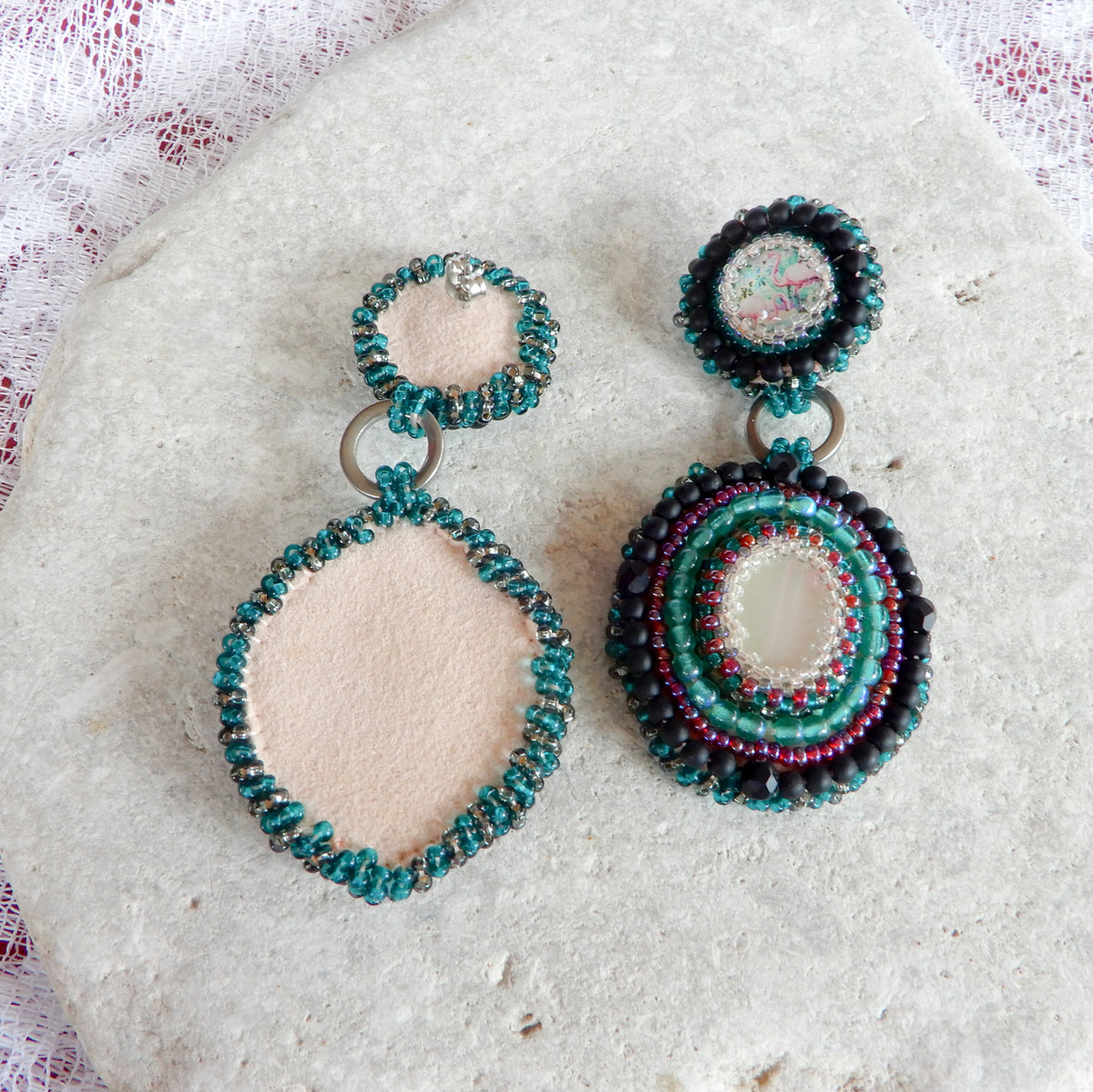 Bead Embroidered Cabochon Earrings in Green & Black
