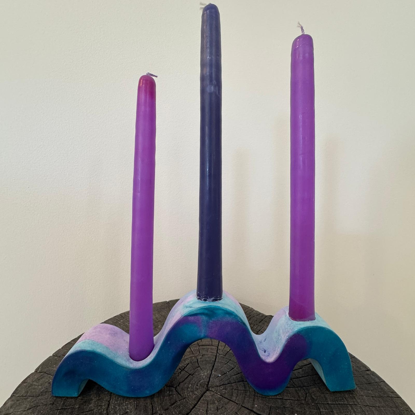 Indigo blue and purple wavy concrete holder for taper candles