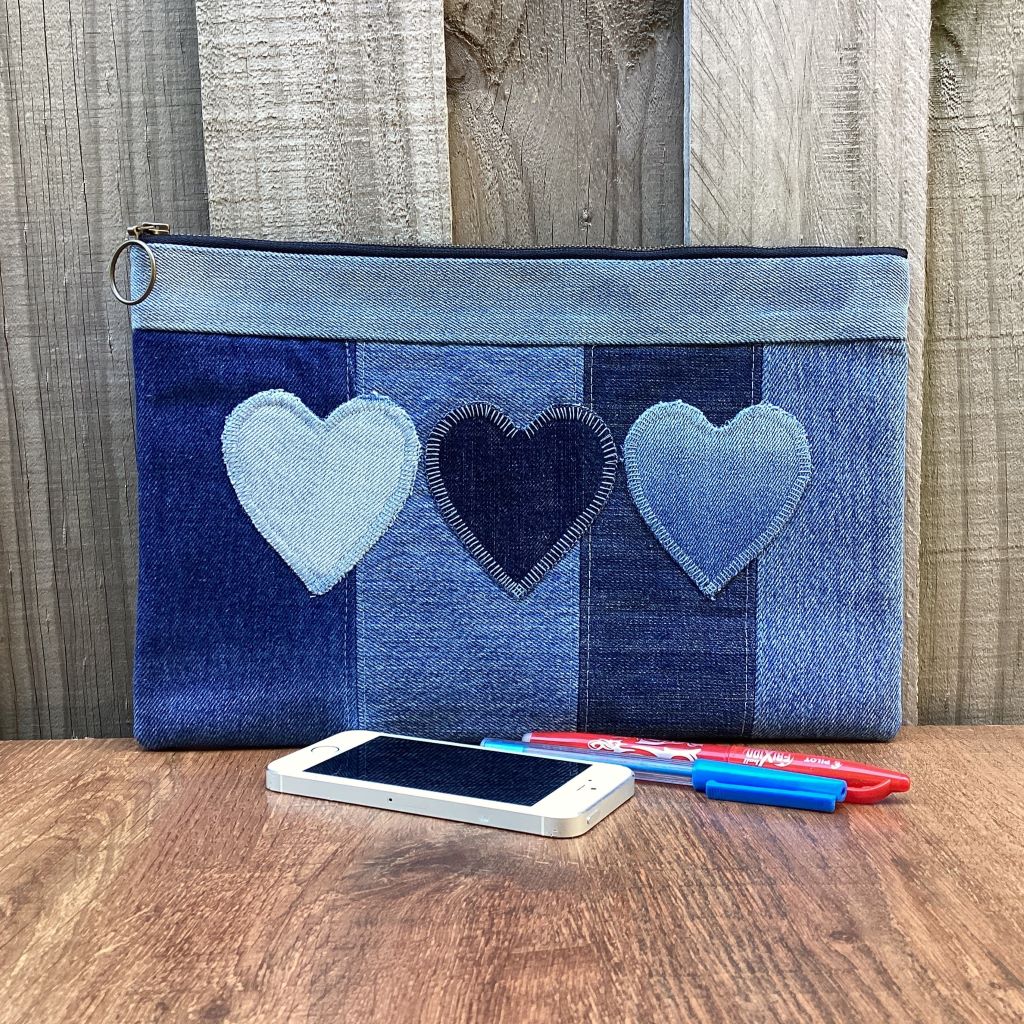 Large Upcycled Denim Pencil case – 3 Denim Hearts