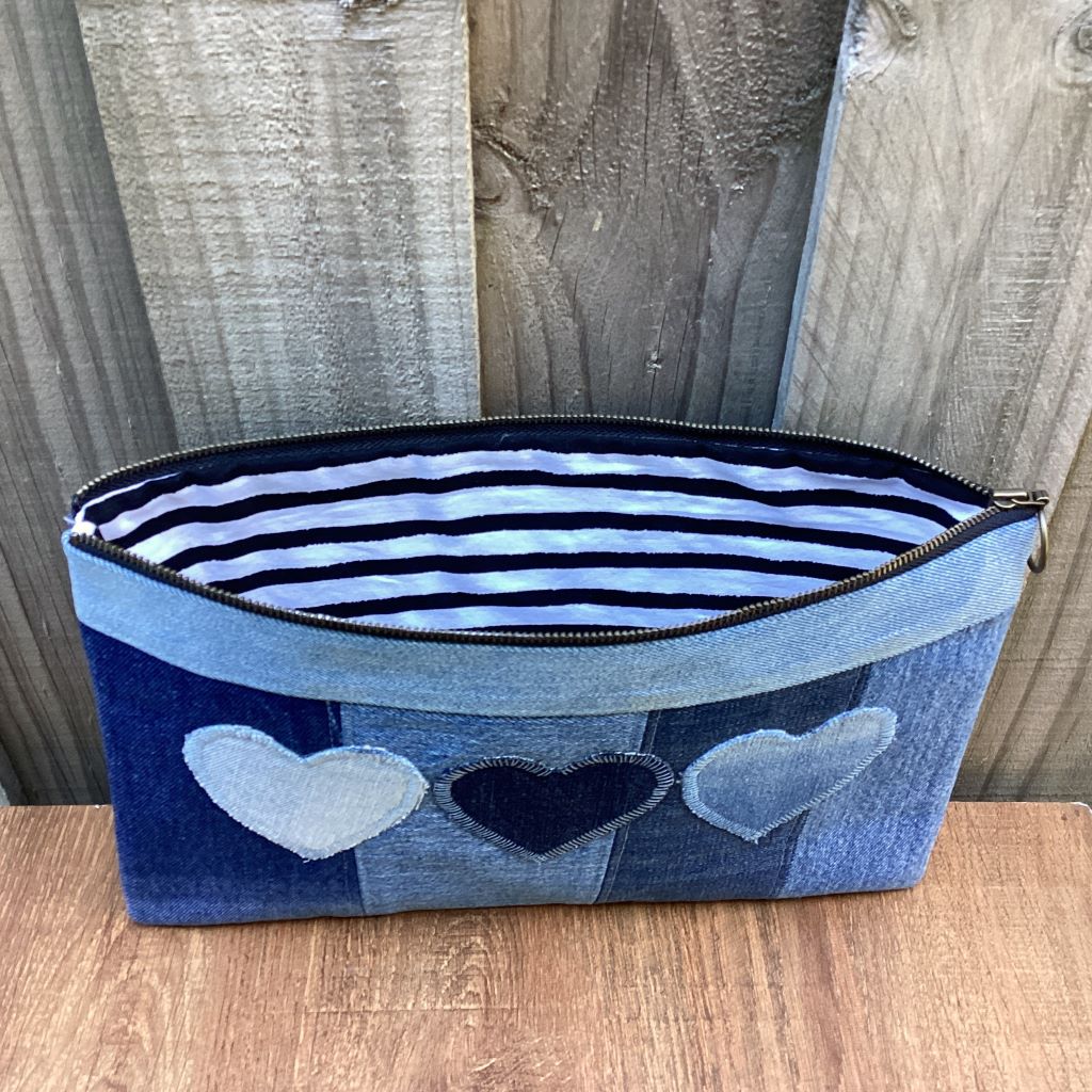 Large Upcycled Denim Pencil case – 3 Denim Hearts