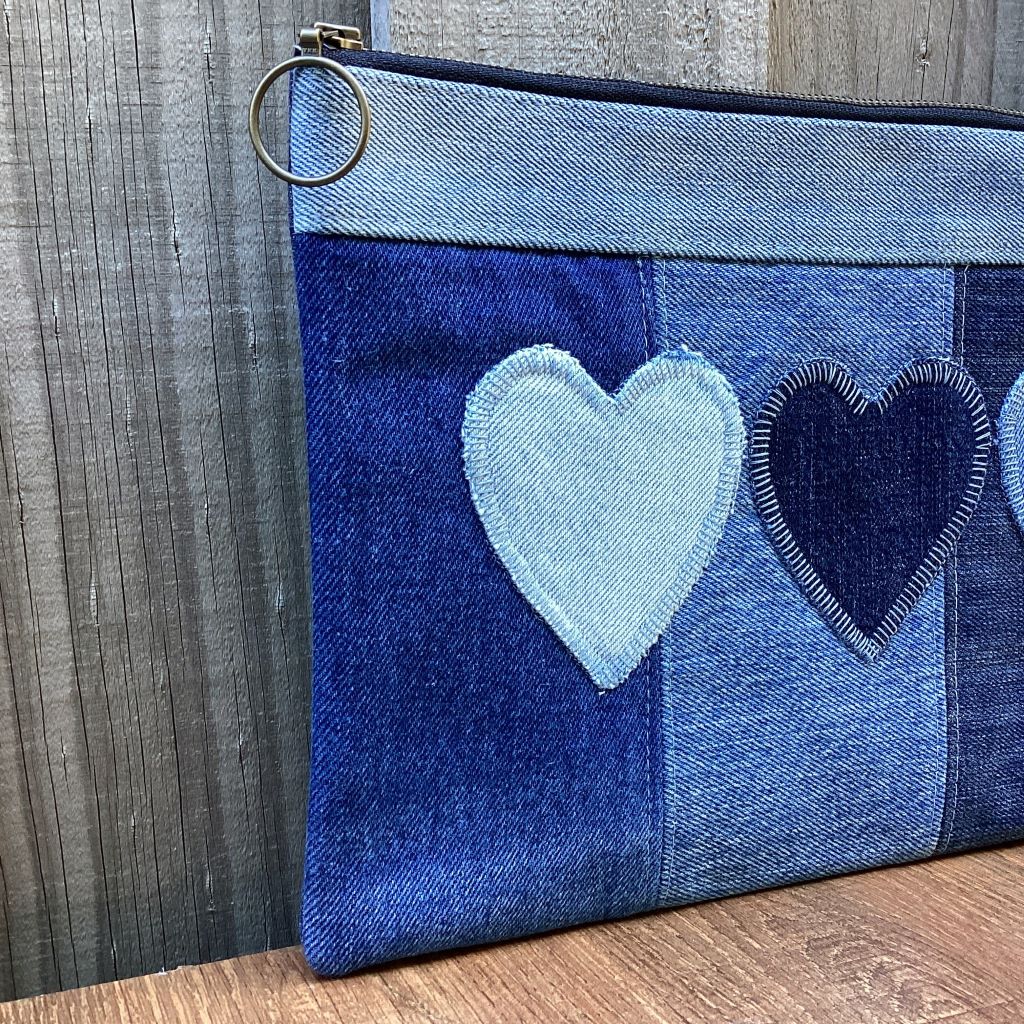 Large Upcycled Denim Pencil case – 3 Denim Hearts
