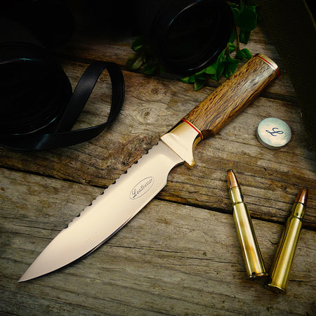 Utility hunting outdoors knife, leather sheath, timber handle