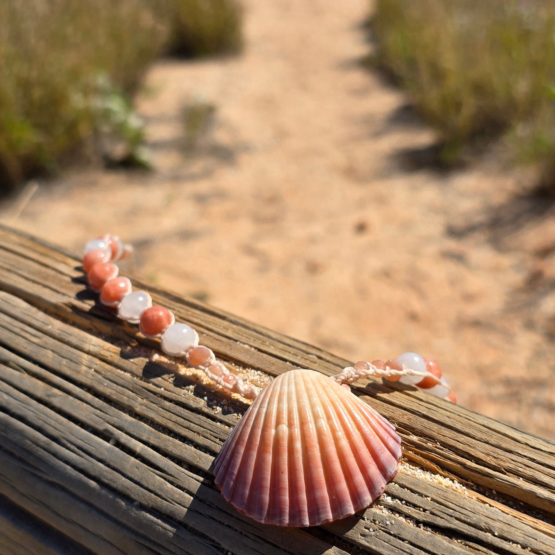 Scallop Shell Necklace with Peach Calcite, Rose Quartz, Sunstone