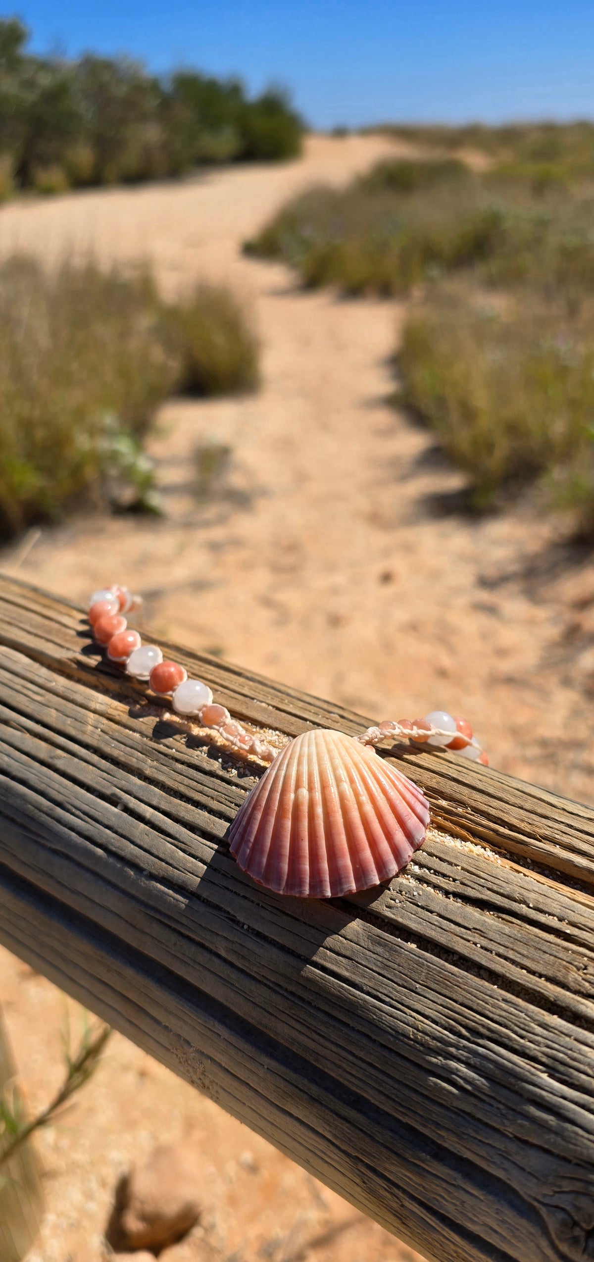 Scallop Shell Necklace with Peach Calcite, Rose Quartz, Sunstone