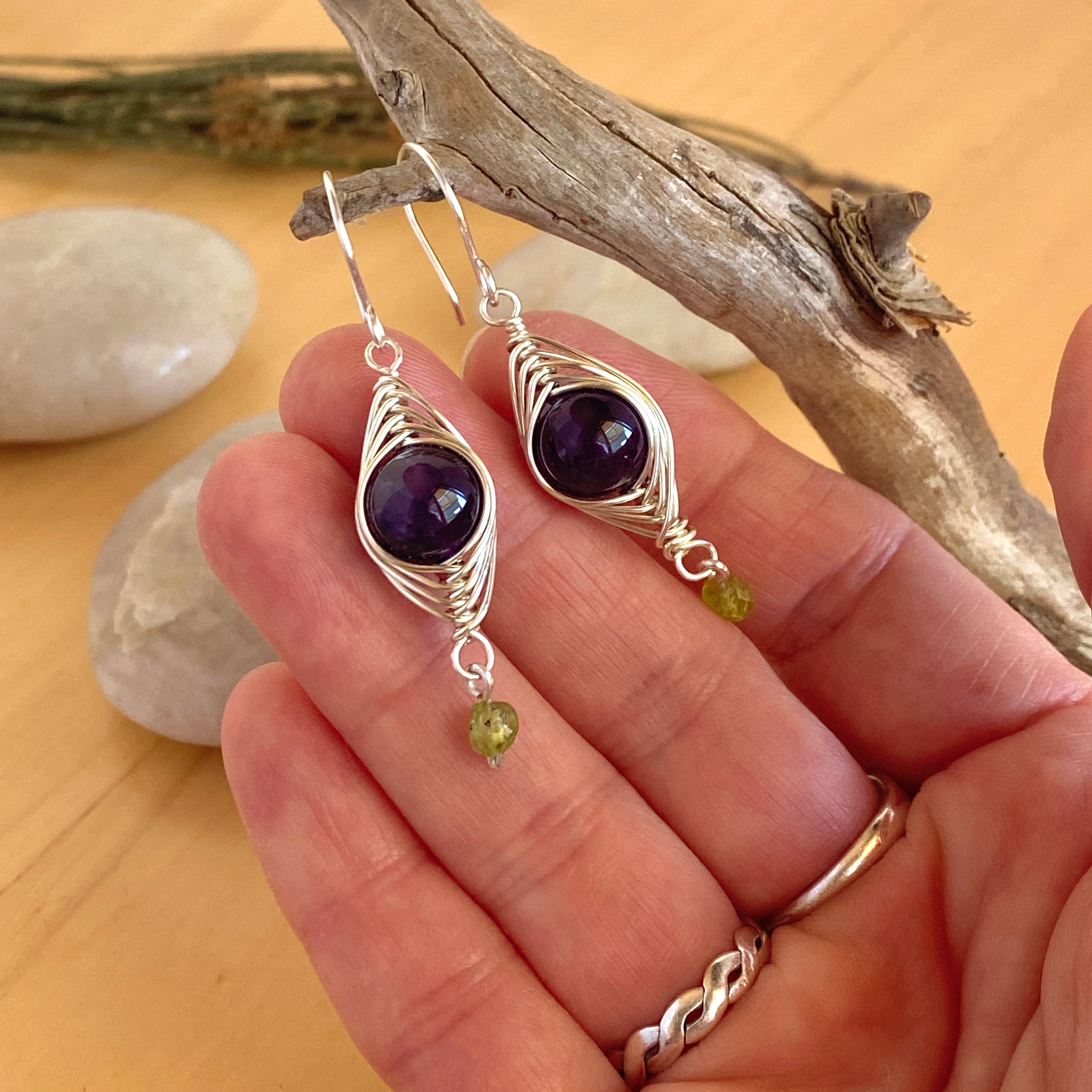 Amethyst and Peridot Silver Boho Earrings | Gemstone Wire Wrap Jewellery