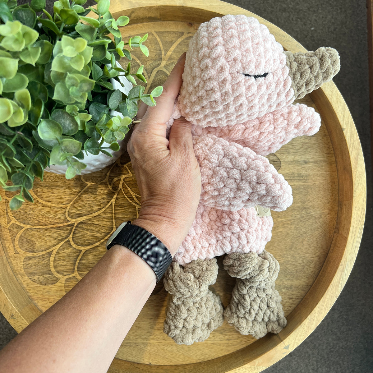 Handmade modern pink crochet goose lovey snuggler baby safe.