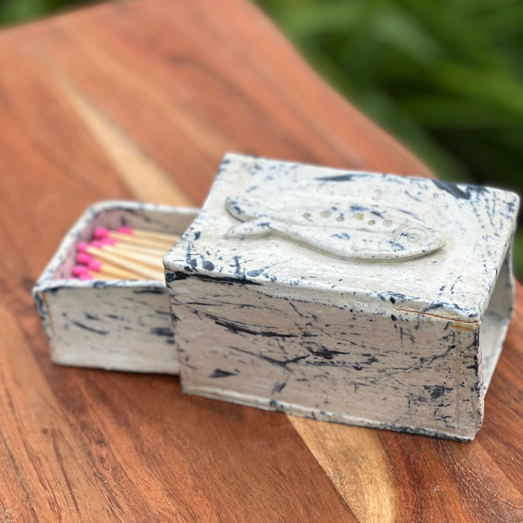 Perfect Catch | Handmade Ceramic Matchbox Holder | Fish Design | Gold Kintsugi-Style Detail