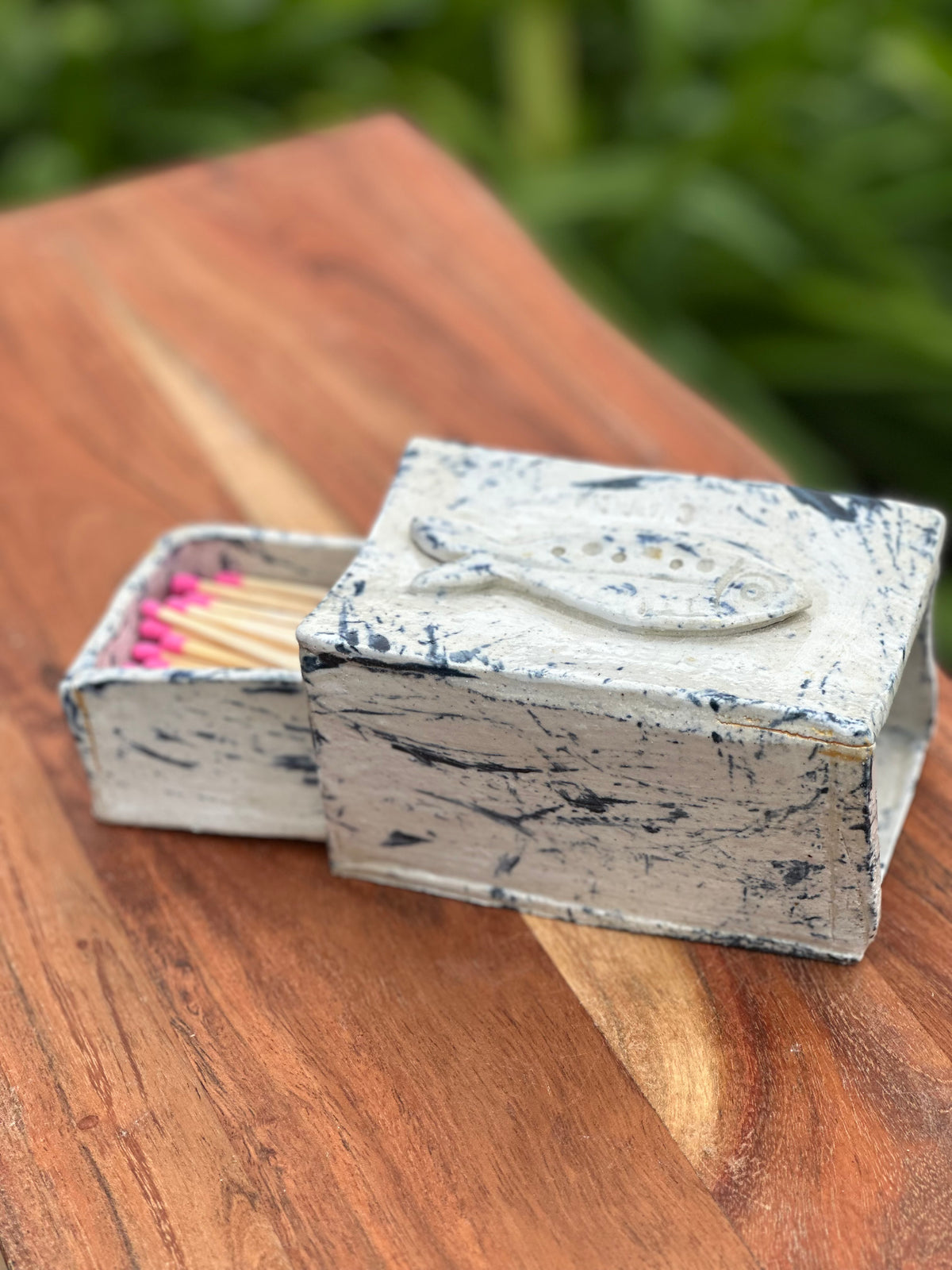 Perfect Catch | Handmade Ceramic Matchbox Holder | Fish Design | Gold Kintsugi-Style Detail