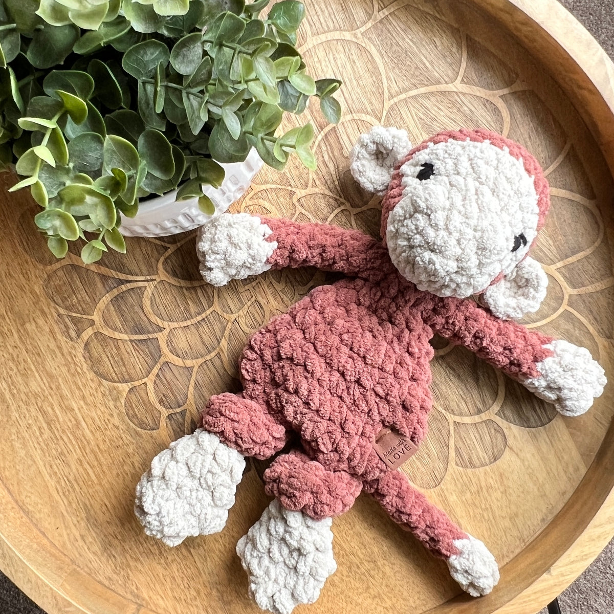 Handmade modern crochet mini toy monkey lovey snuggler