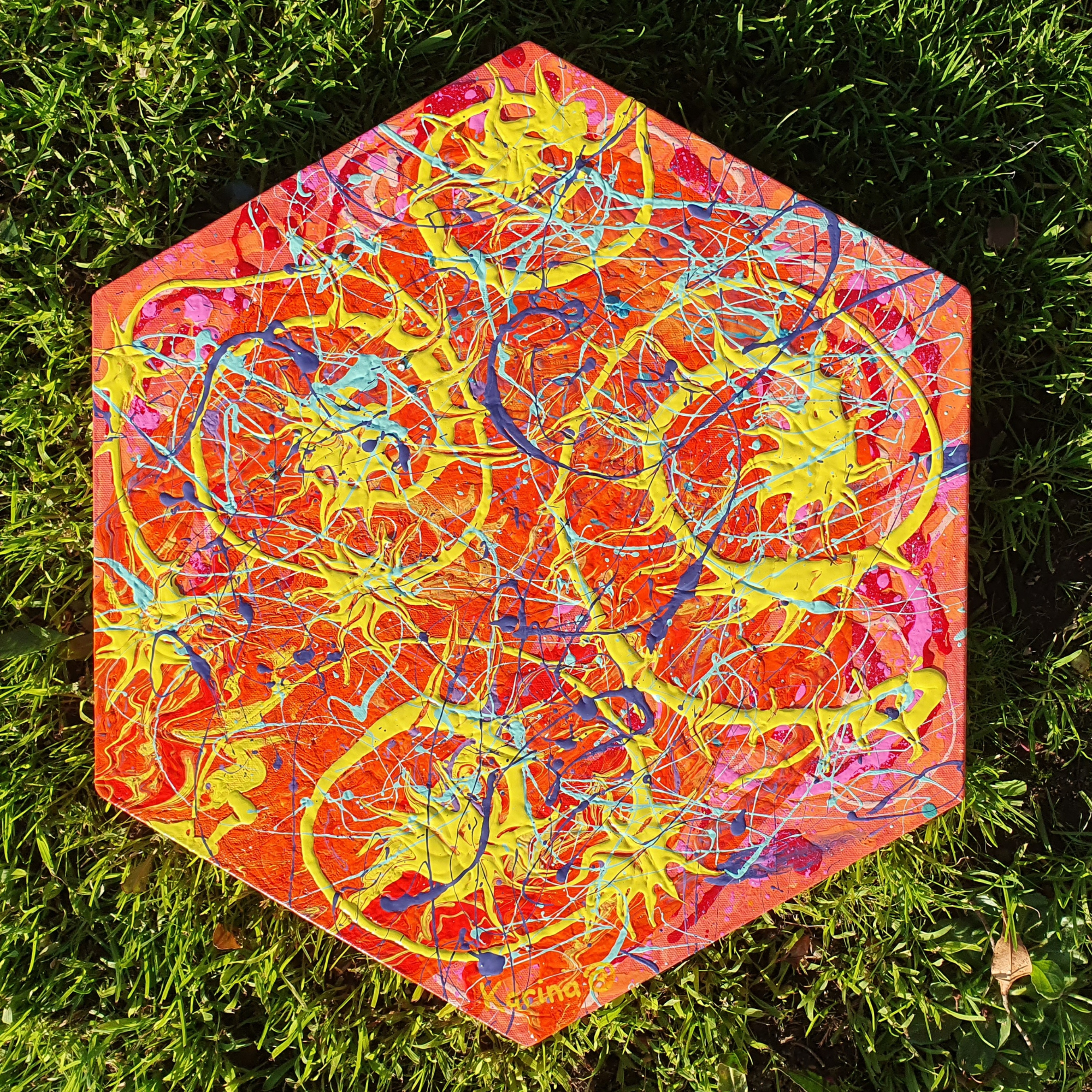 Solar Flare. Original Abstract, Hexagon Acrylic Canvas Painting.