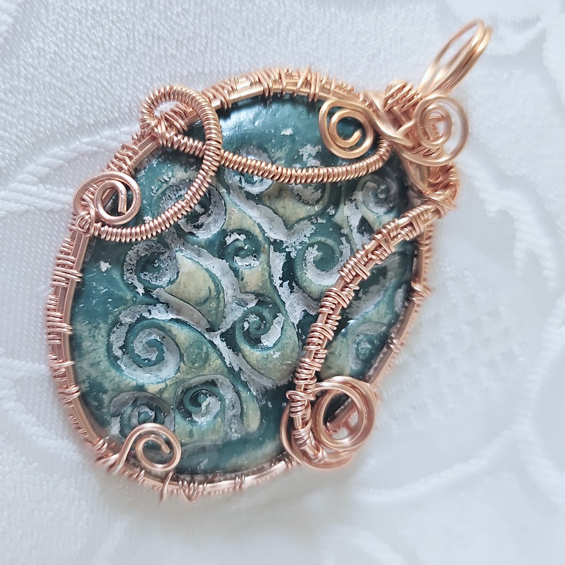 Handmade Ceramic Pendant Wrapped Rose Gold Colour Wire