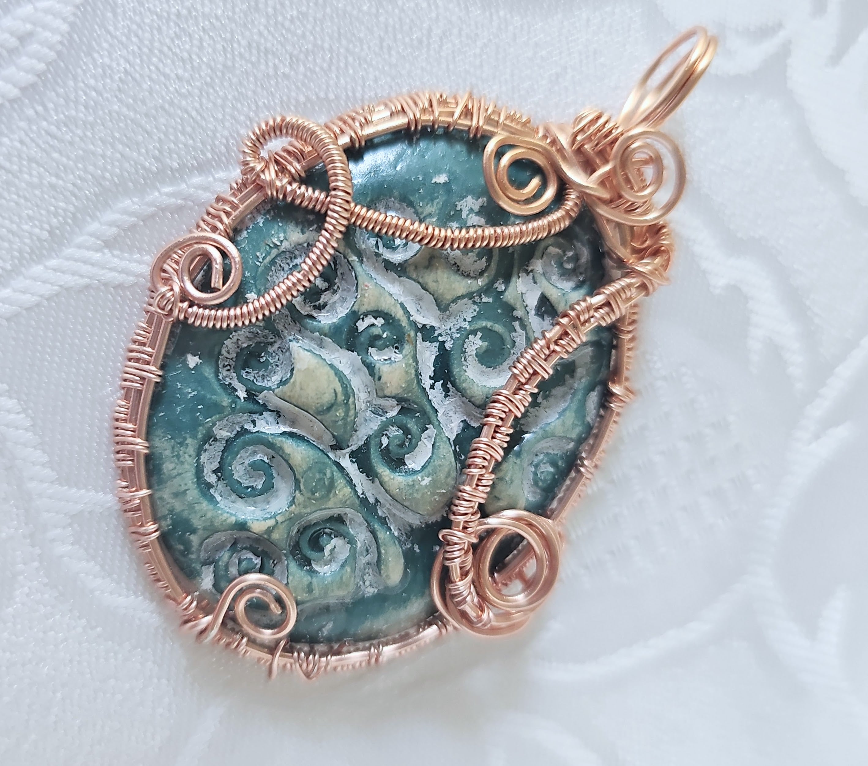 Handmade Ceramic Pendant Wrapped Rose Gold Colour Wire