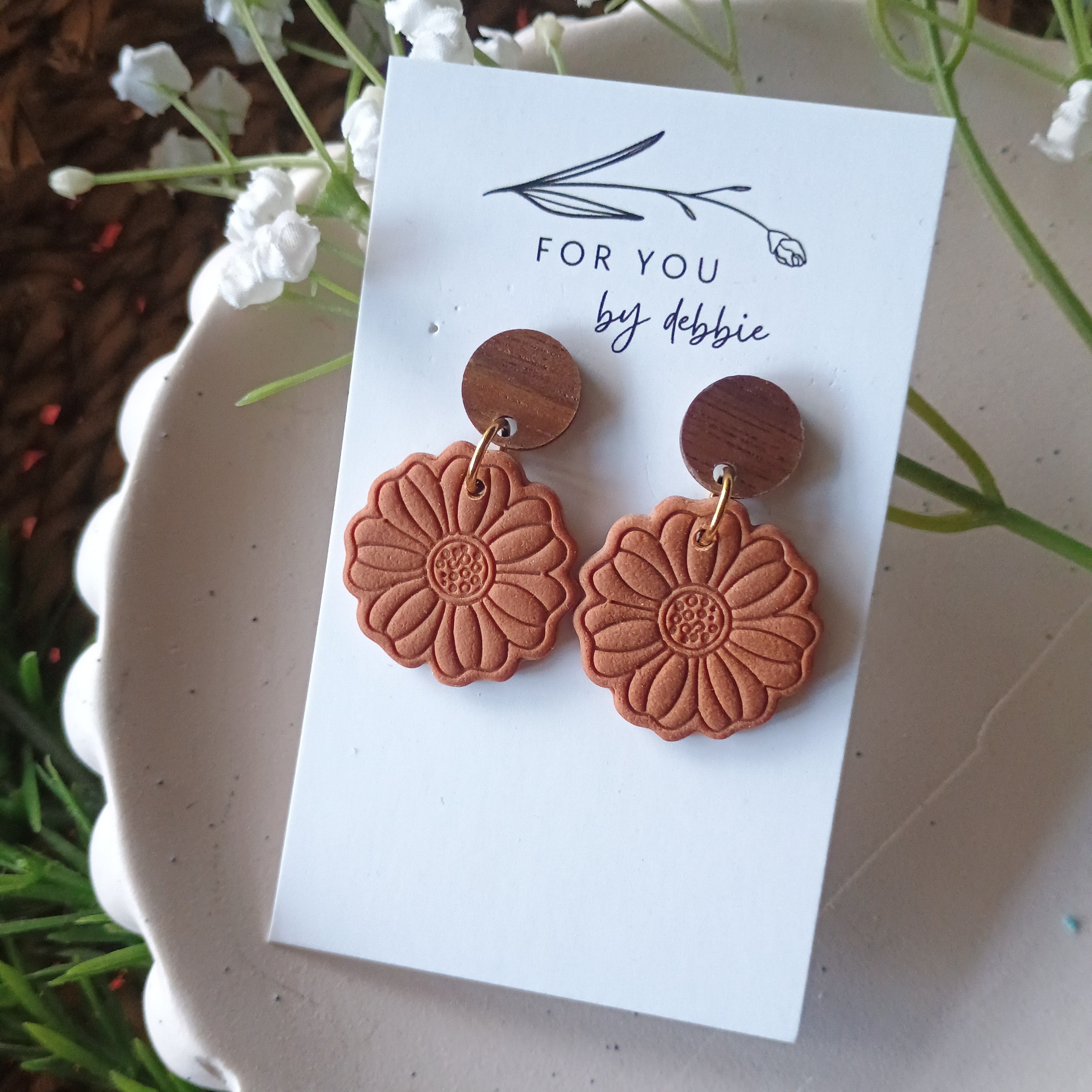 Earthy embossed flower earrings with natural wood stud