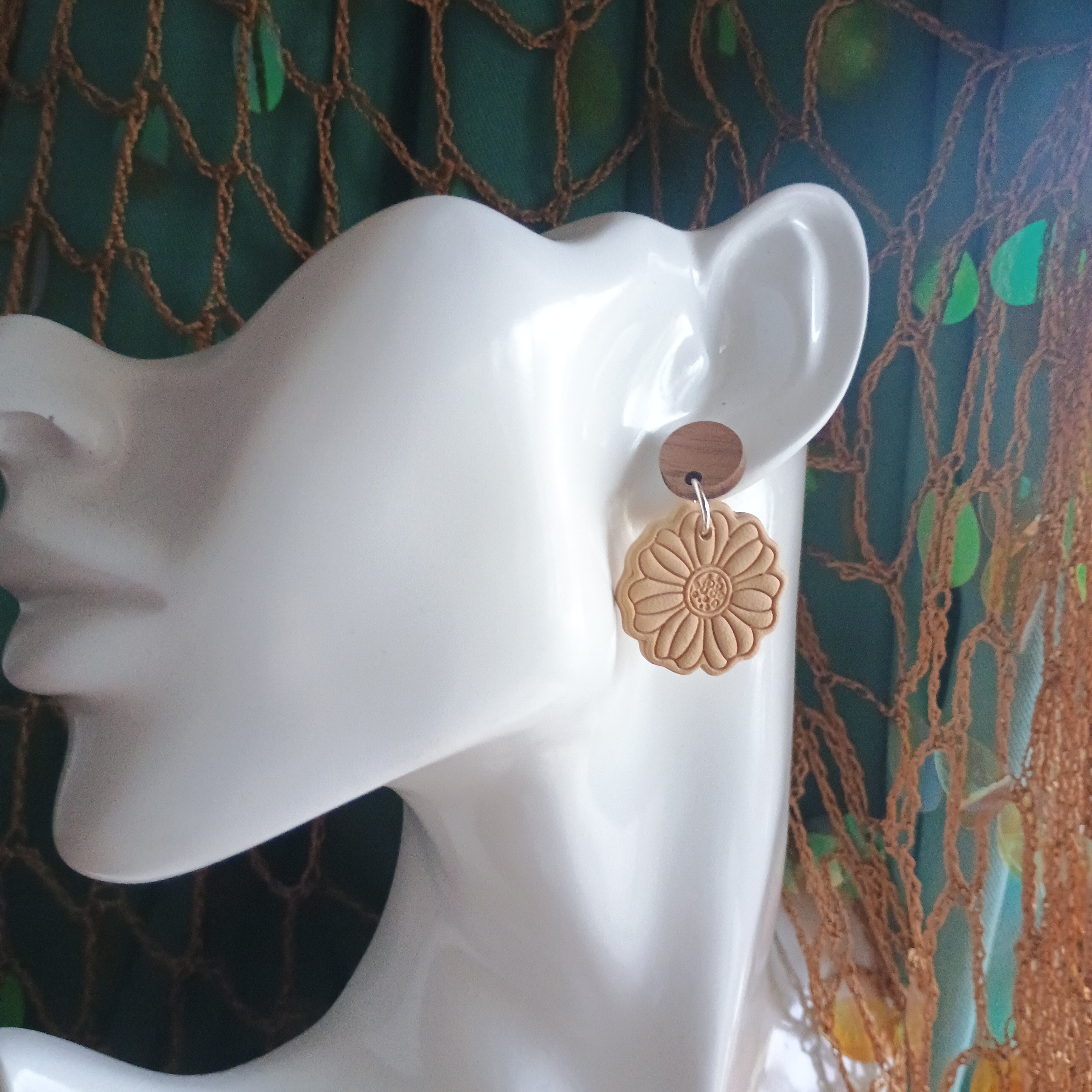 Earthy embossed flower earrings with natural wood stud