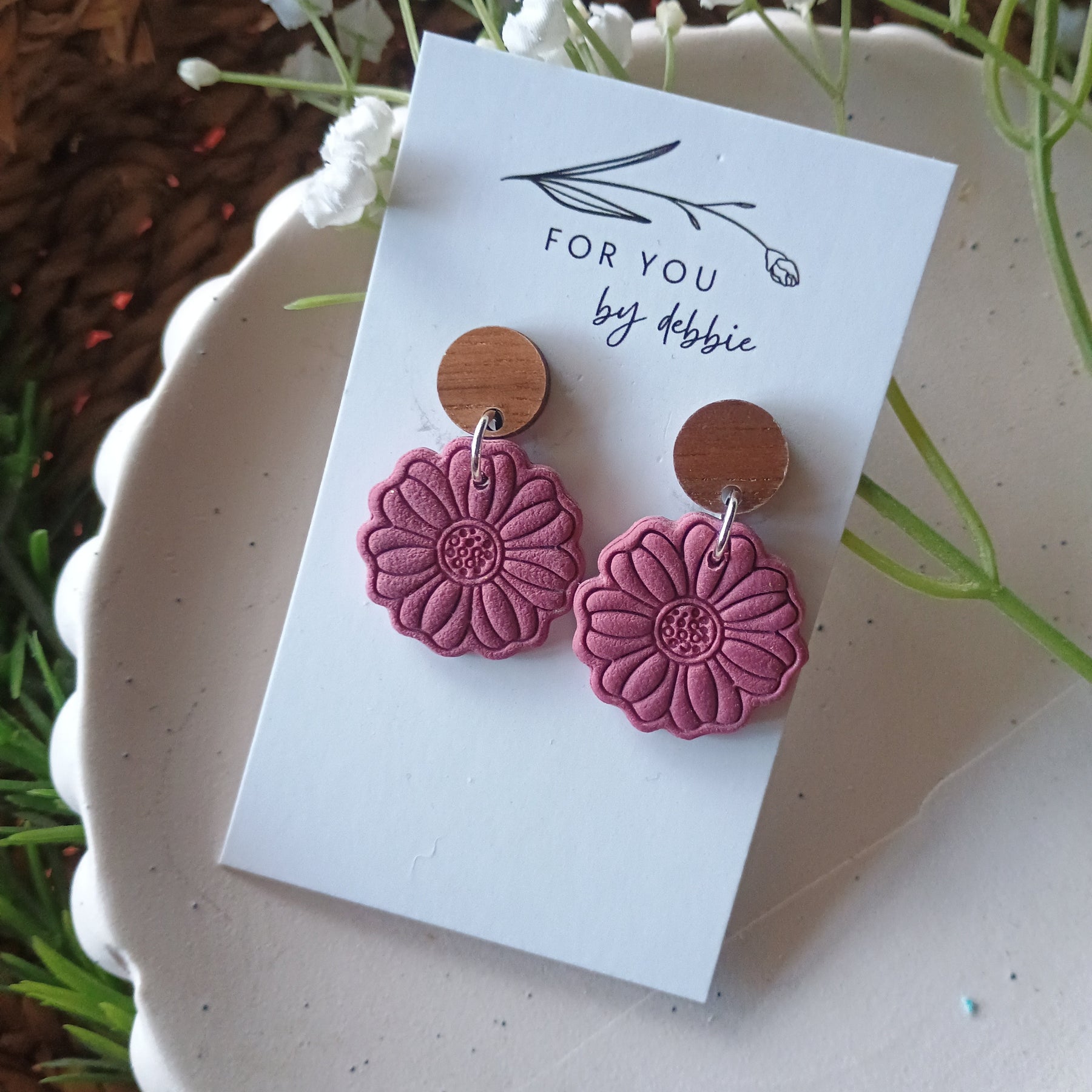 Earthy embossed flower earrings with natural wood stud