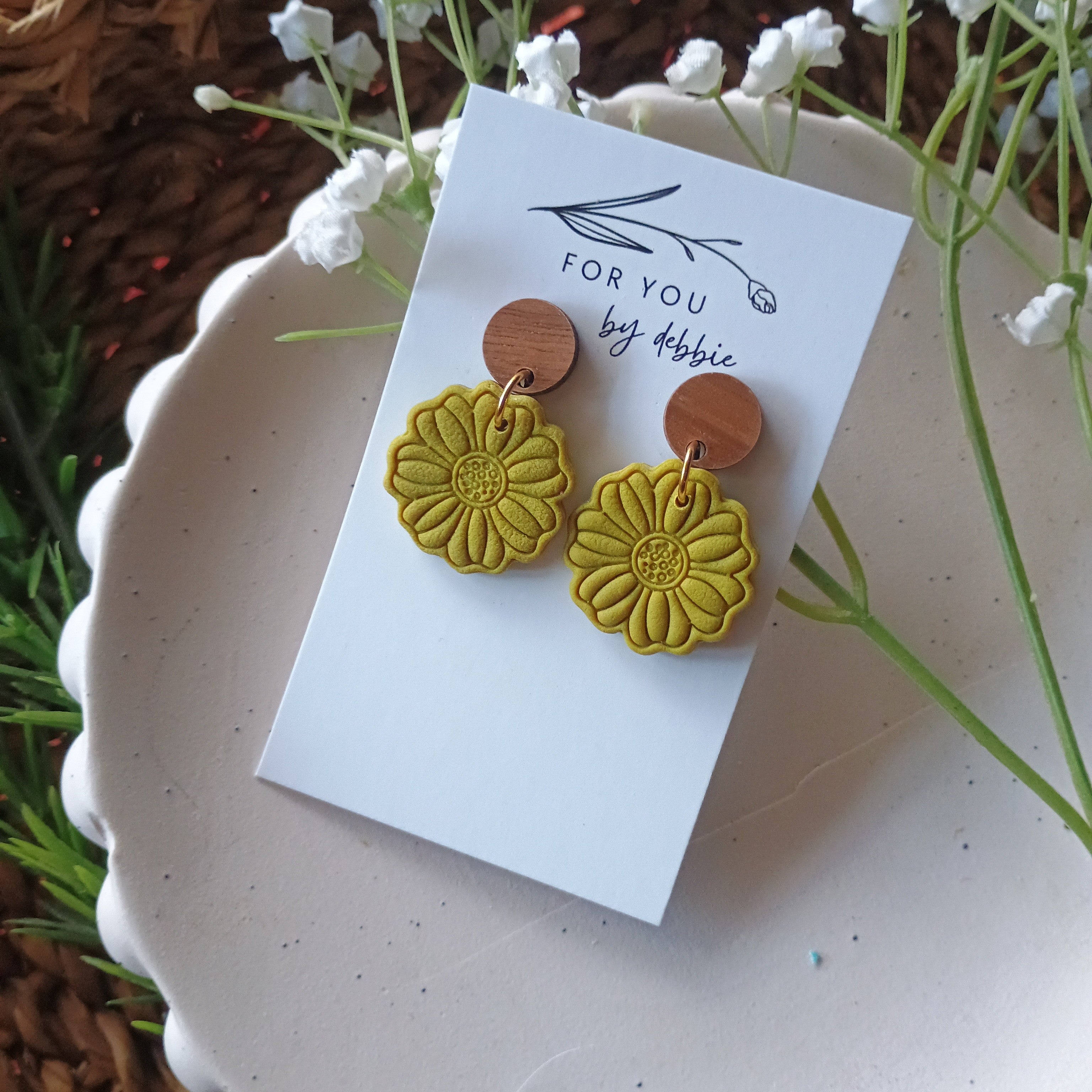 Earthy embossed flower earrings with natural wood stud