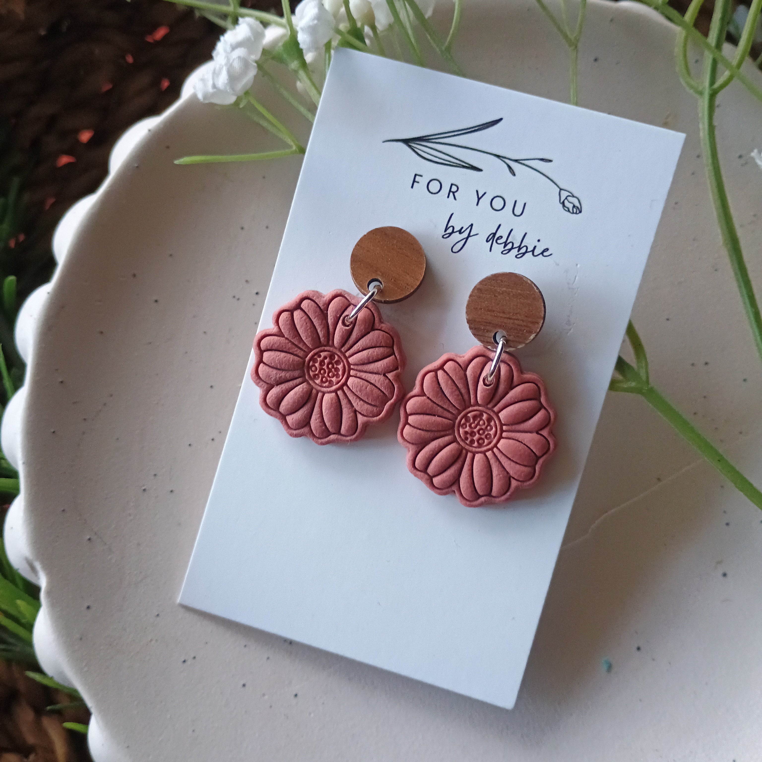 Earthy embossed flower earrings with natural wood stud