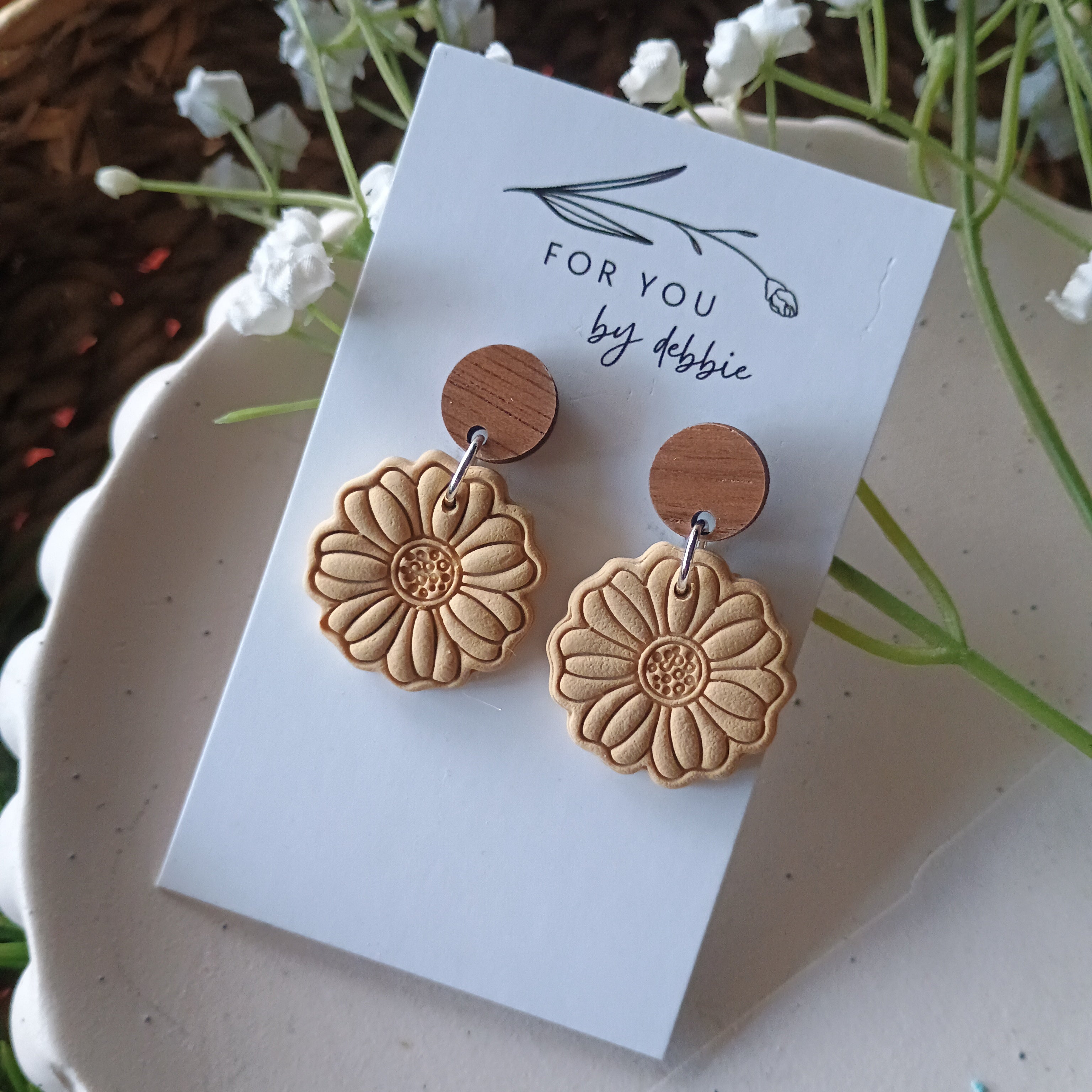 Earthy embossed flower earrings with natural wood stud