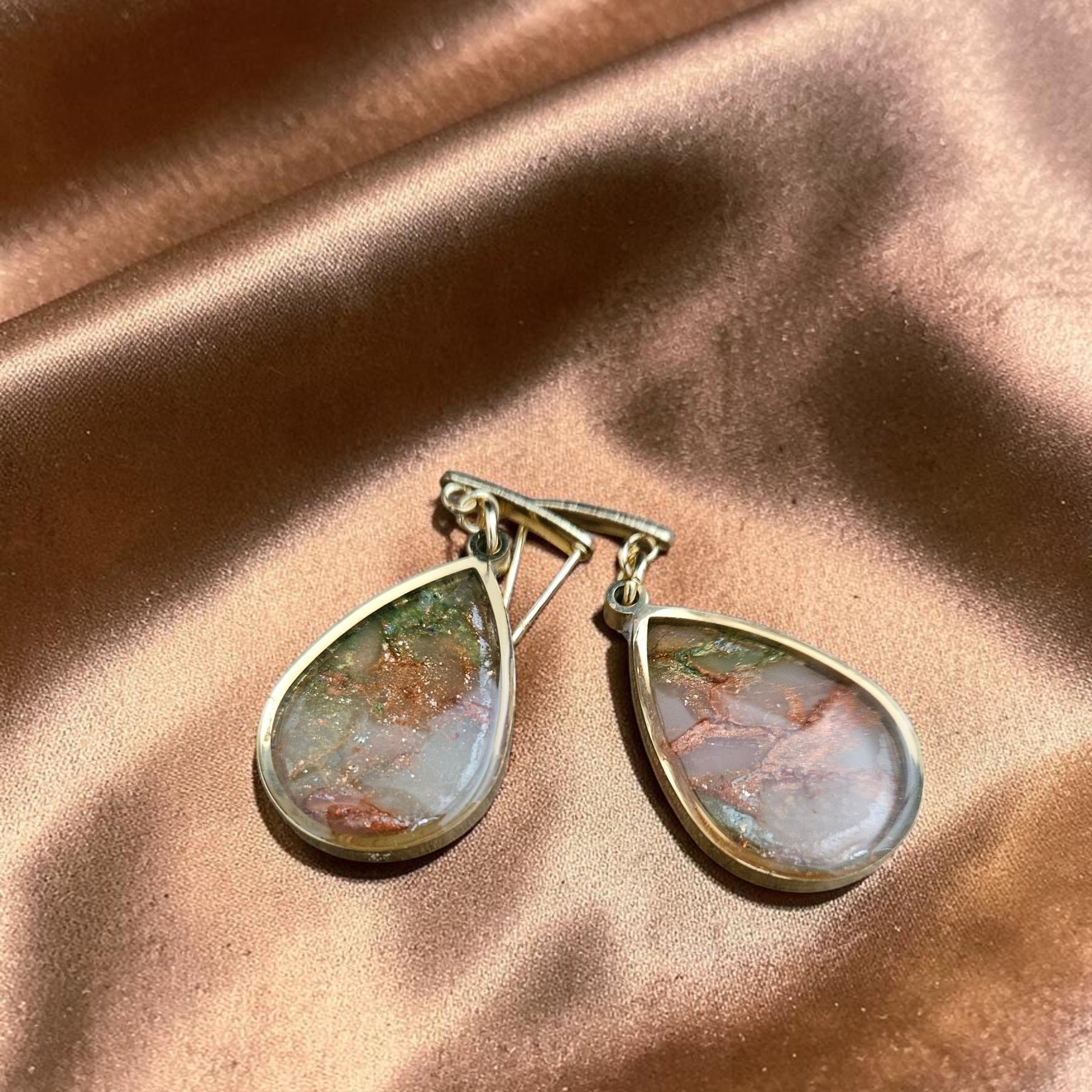 Teardrop Polymer Clay Earrings - Natural Olive and Burnt Orange