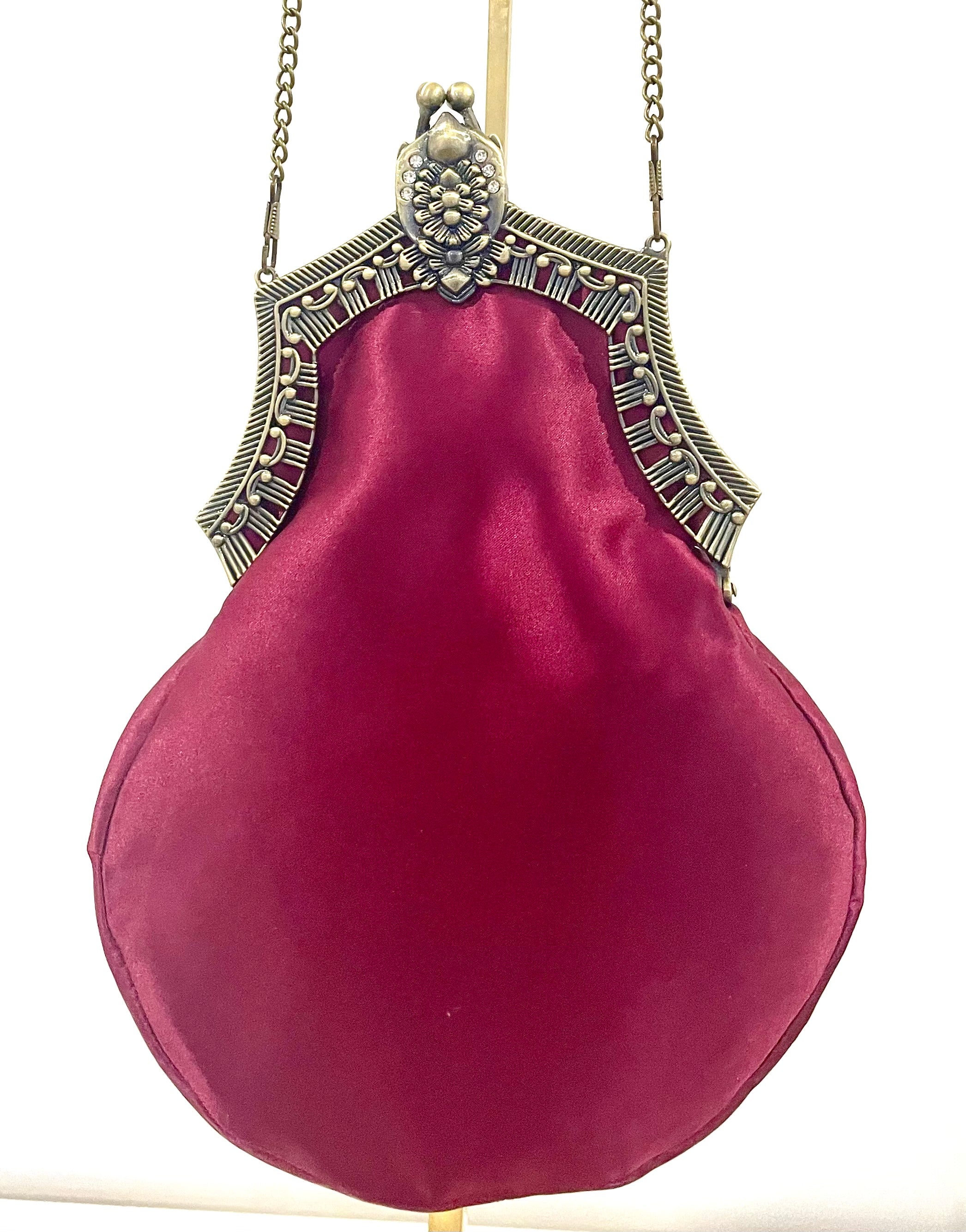 Handmade Plum Satin Handbag, Hand-Embroidered, Brass Clasp