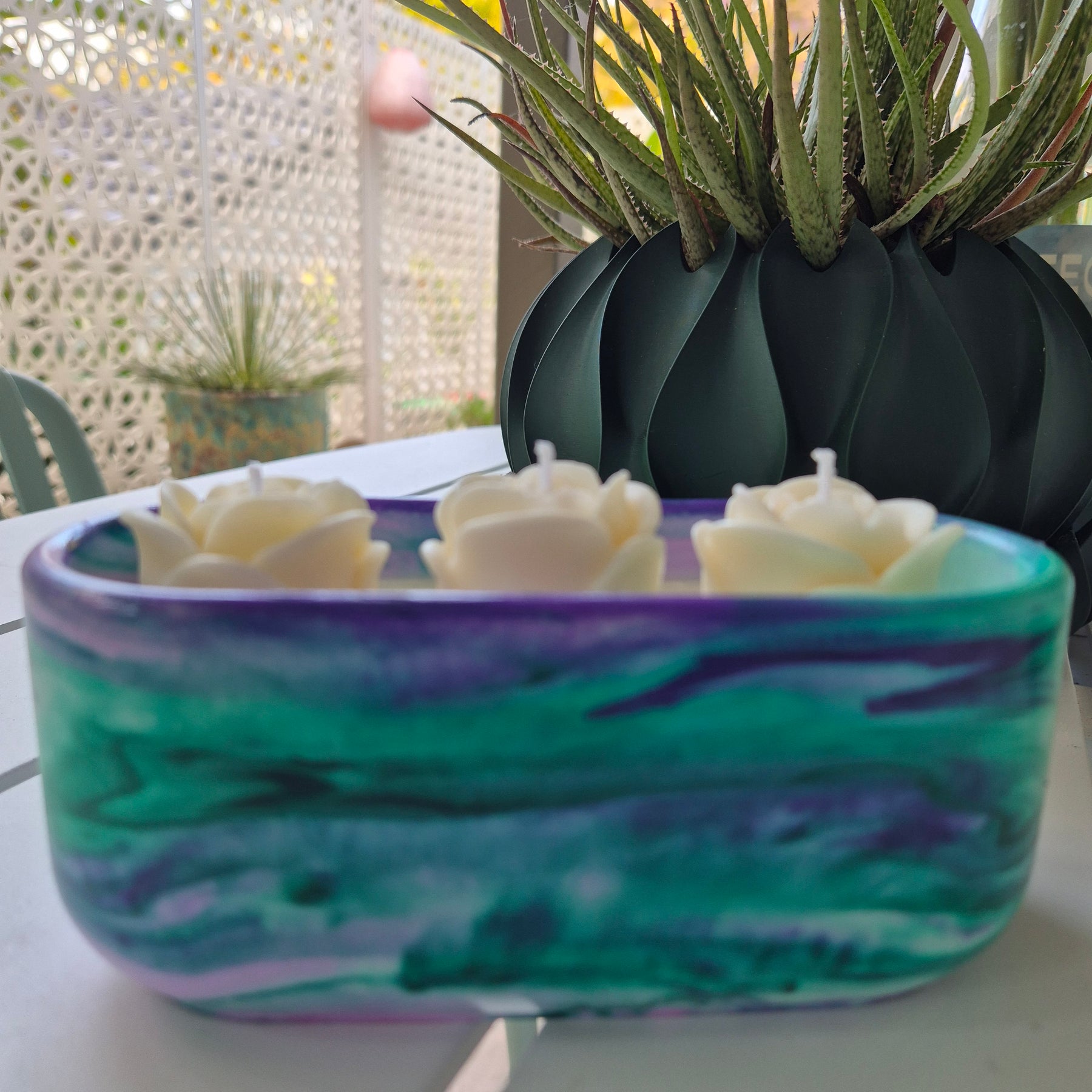Green and purple concrete bowl candle with gardenia and roses