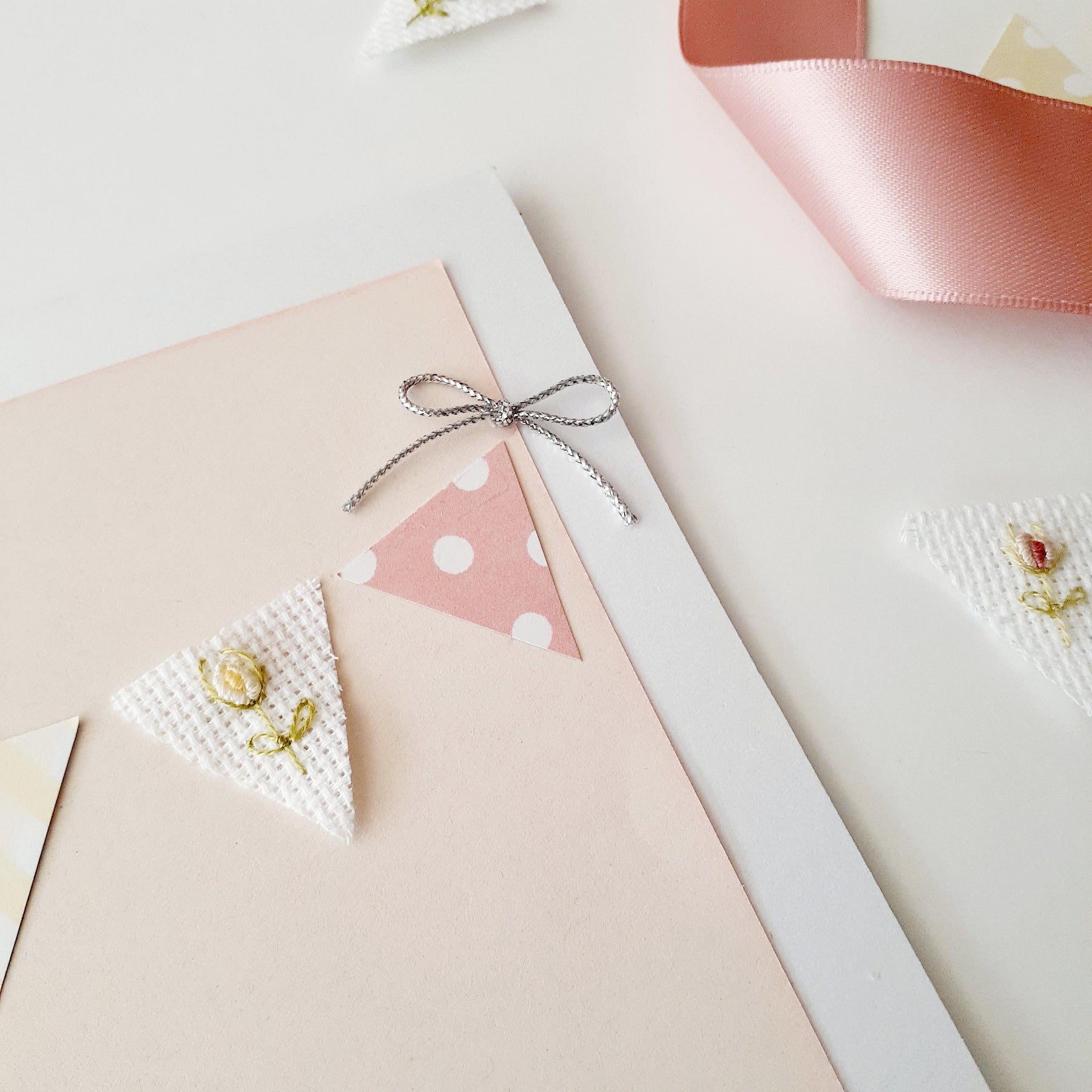 Baby Card, Hand‑Embroidered Baby Girl, Pink Bunting Newborn Greeting, Handmade Keepsake Card, “A Precious Little Girl” Gift Card