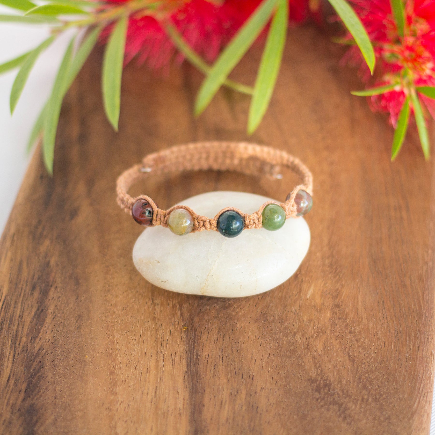 Indian Agate Gemstone Tan Macrame Wrap Bracelet | Cotton Cord Jewellery | Gift Set