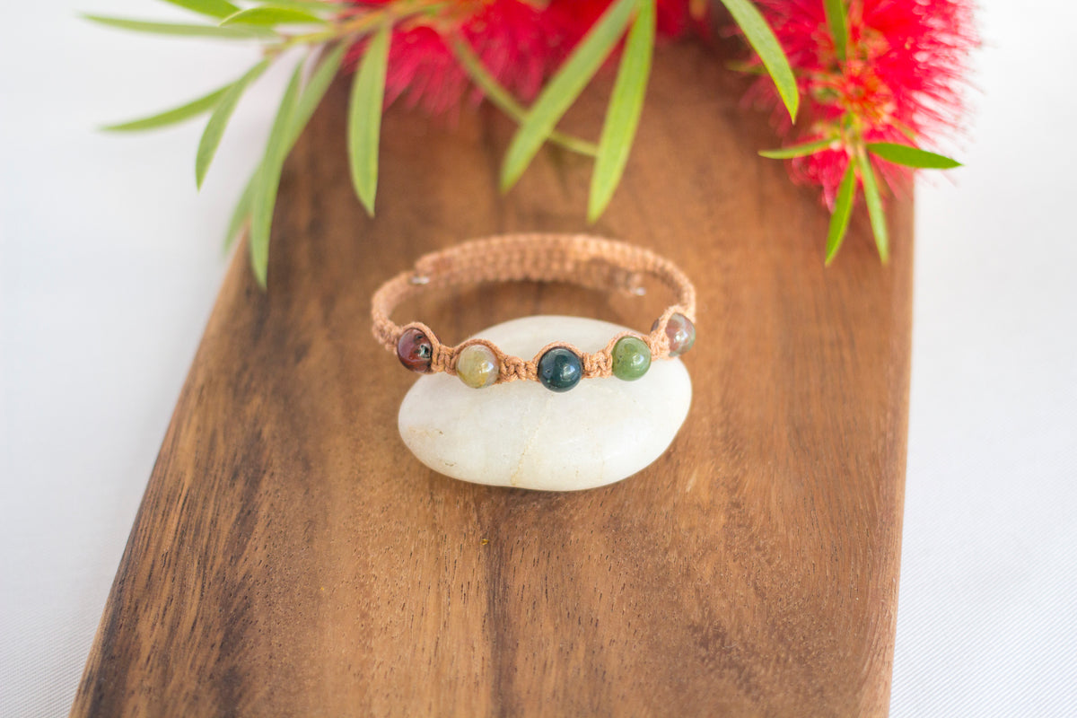 Indian Agate Gemstone Tan Macrame Wrap Bracelet | Cotton Cord Jewellery | Gift Set