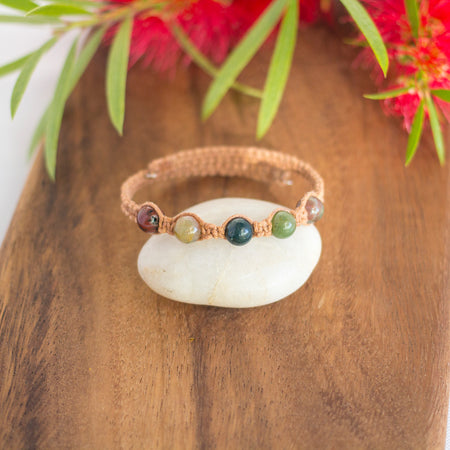 Indian Agate Gemstone Tan Macrame Wrap Bracelet | Cotton Cord Jewellery | Gift Set